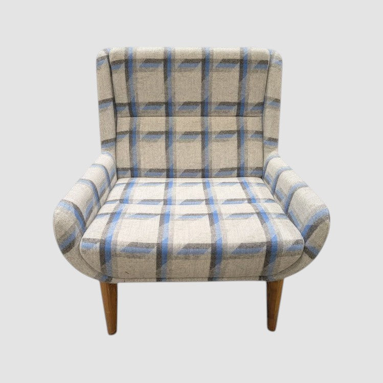 Naughtone High-Back Plaid Upholstered Armchair with Tapered Wood Legs