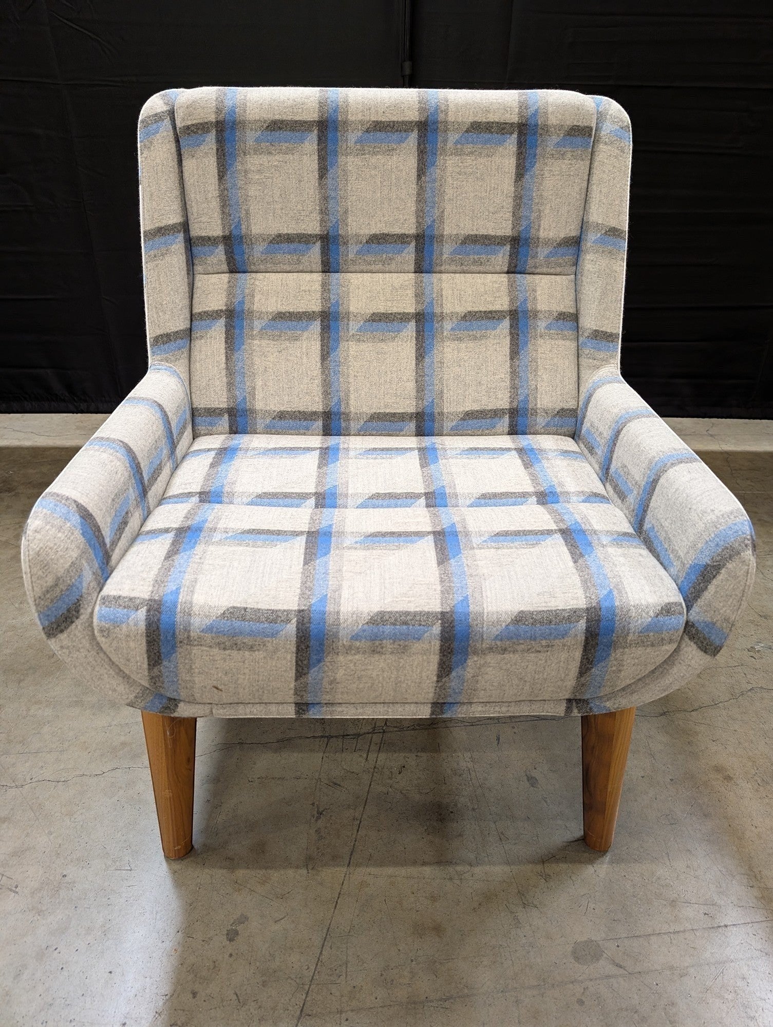 NaughtOne "Always Wood" Lounge Chair in Striped Slate & Sky Blue on Solid Oak