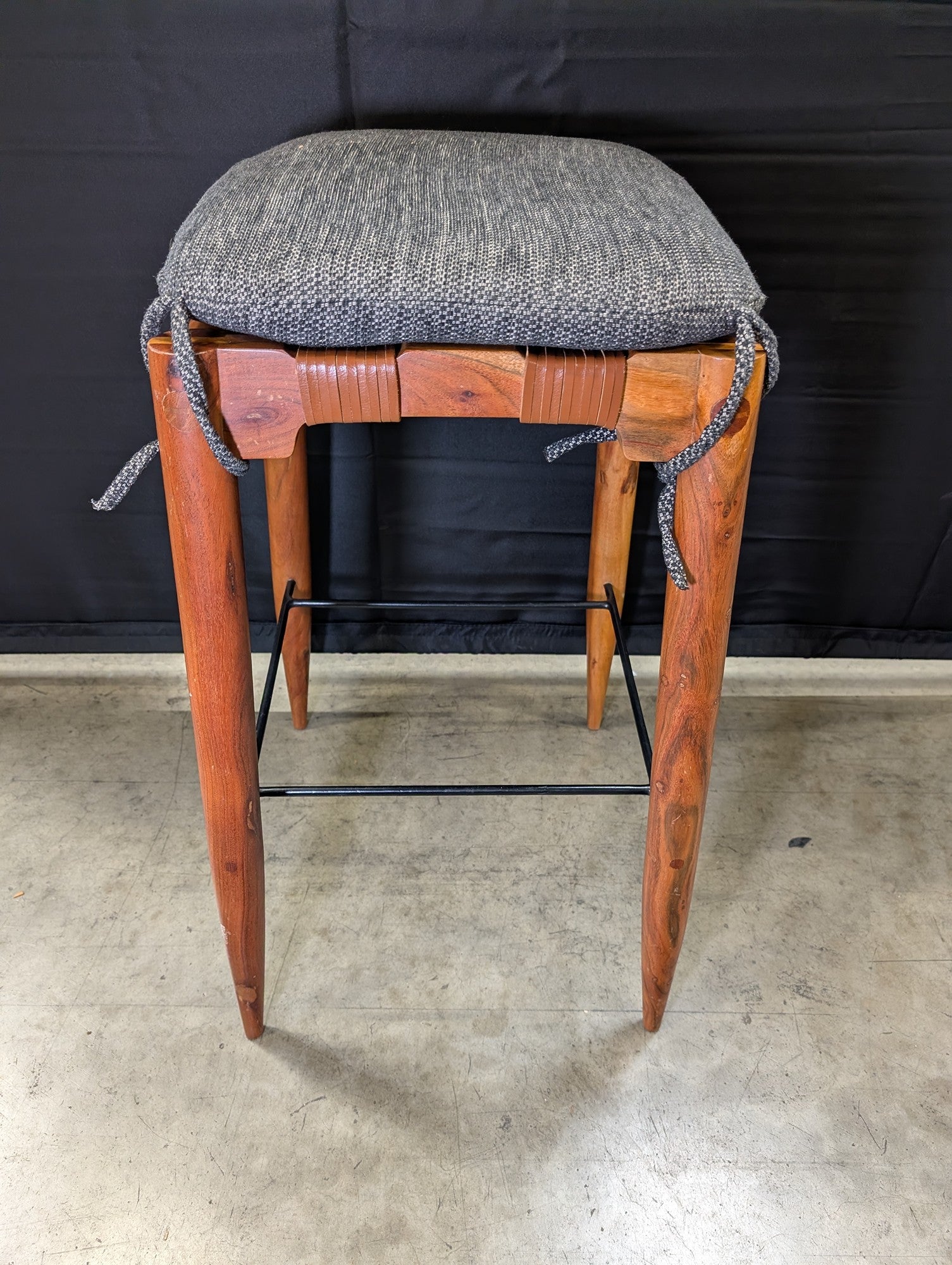 Artisan Crafted Wood and Woven Leather Bar Stool with Fabric Cushion