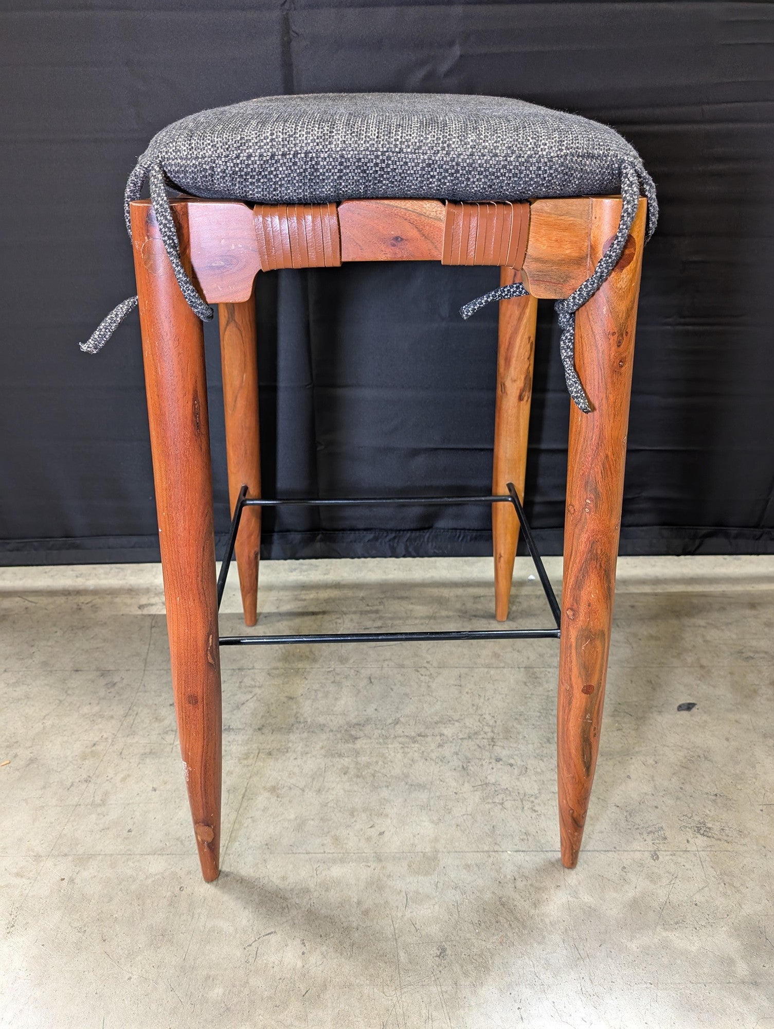 Artisan Crafted Wood and Woven Leather Bar Stool with Fabric Cushion