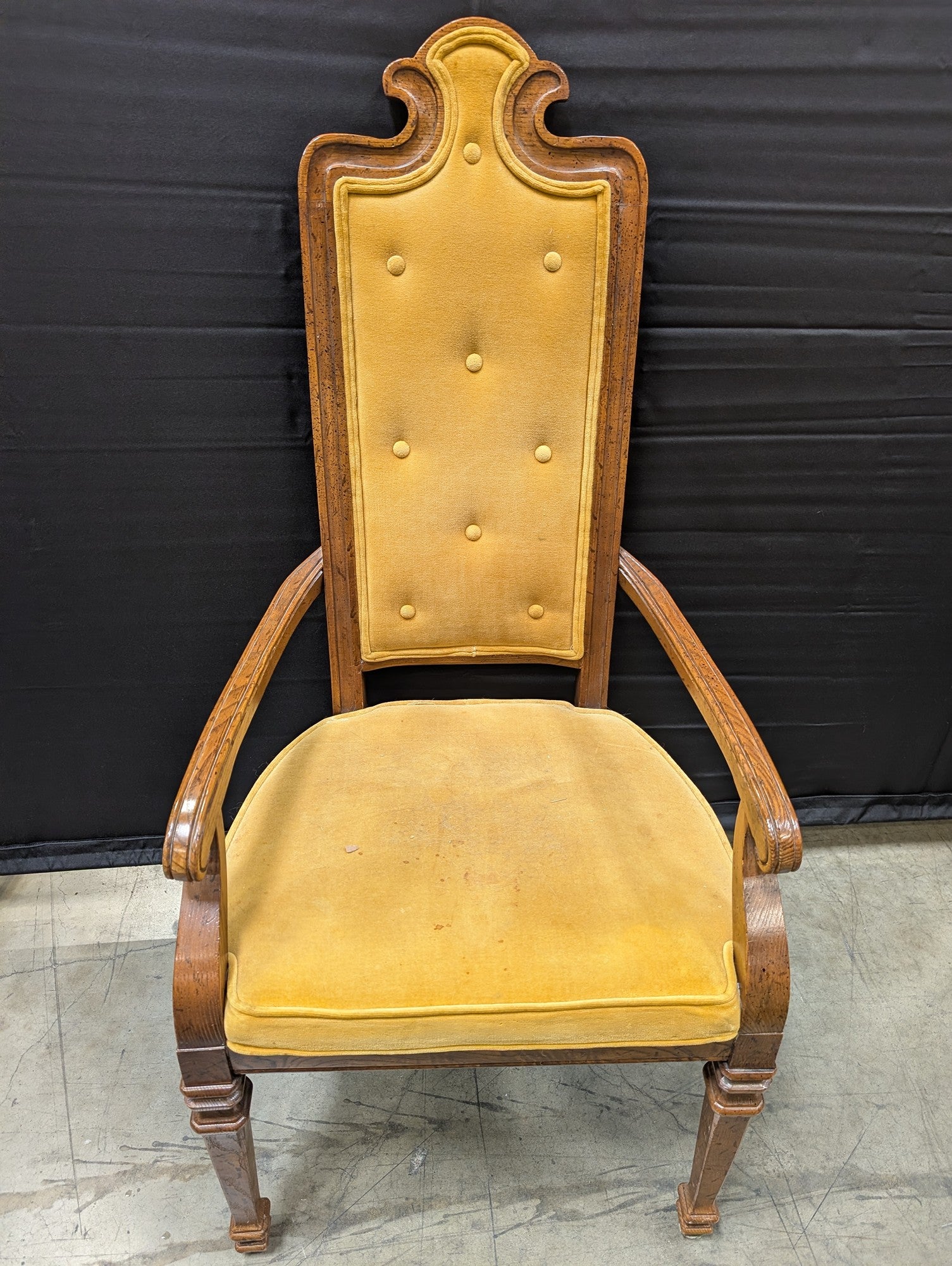 Vintage Carved Hardwood Armchair with Yellow Velvet Upholstery