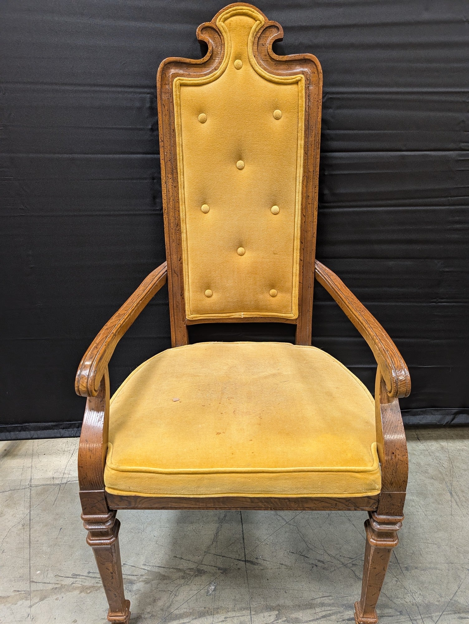 Vintage Carved Hardwood Armchair with Yellow Velvet Upholstery