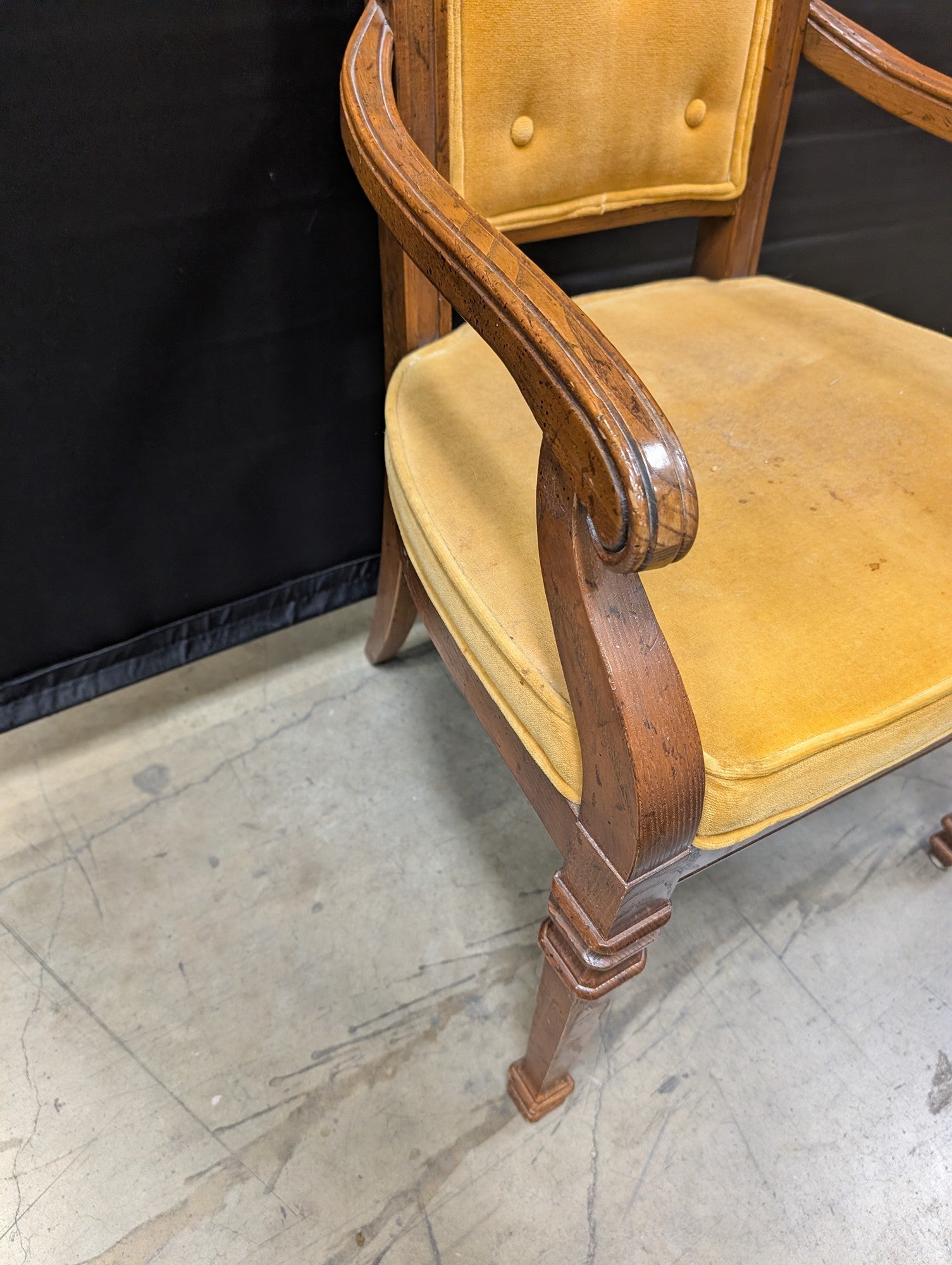 Vintage Carved Hardwood Armchair with Yellow Velvet Upholstery