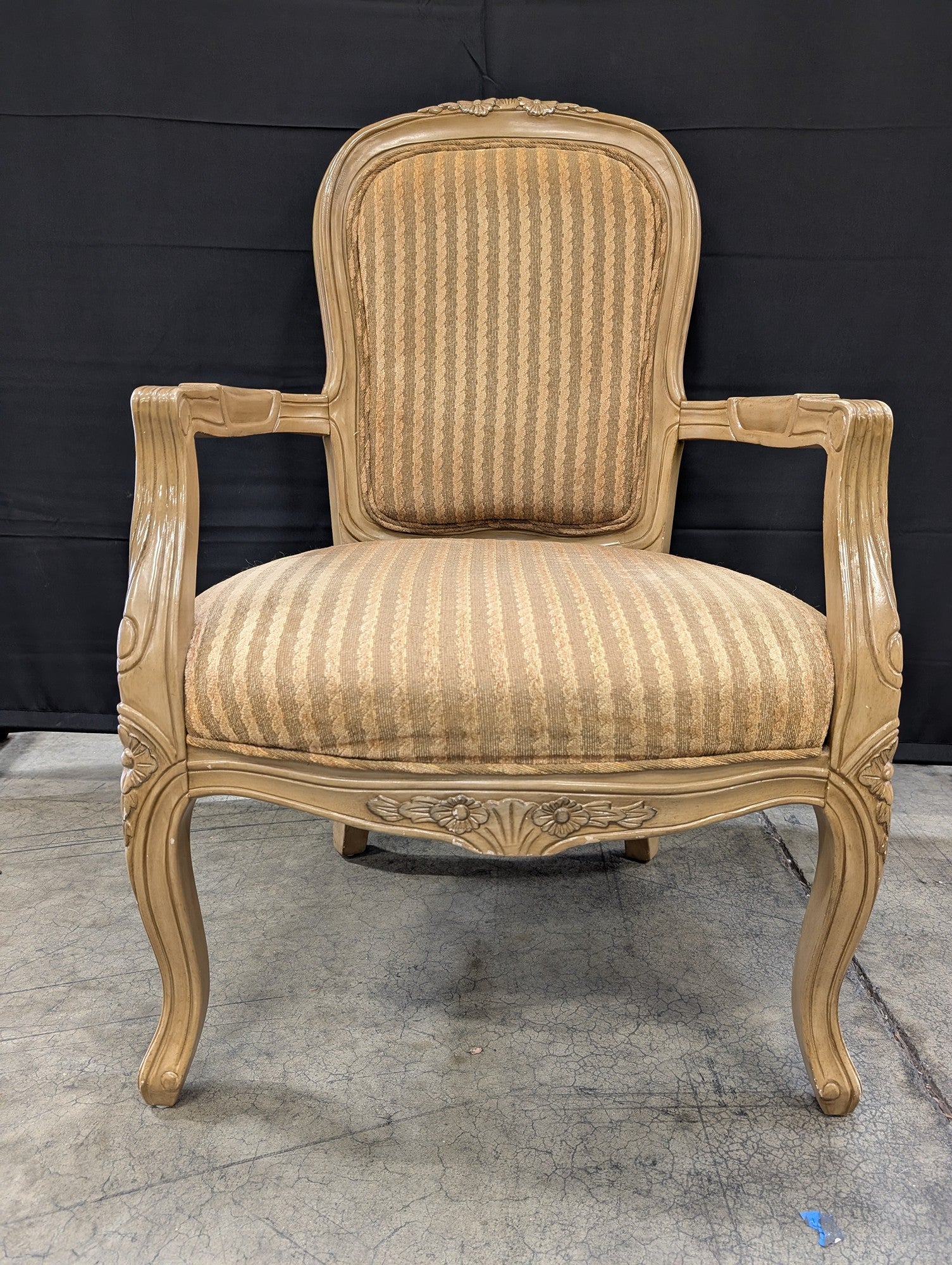 Carved Wood French Provincial Style Armchair with Striped Upholstery