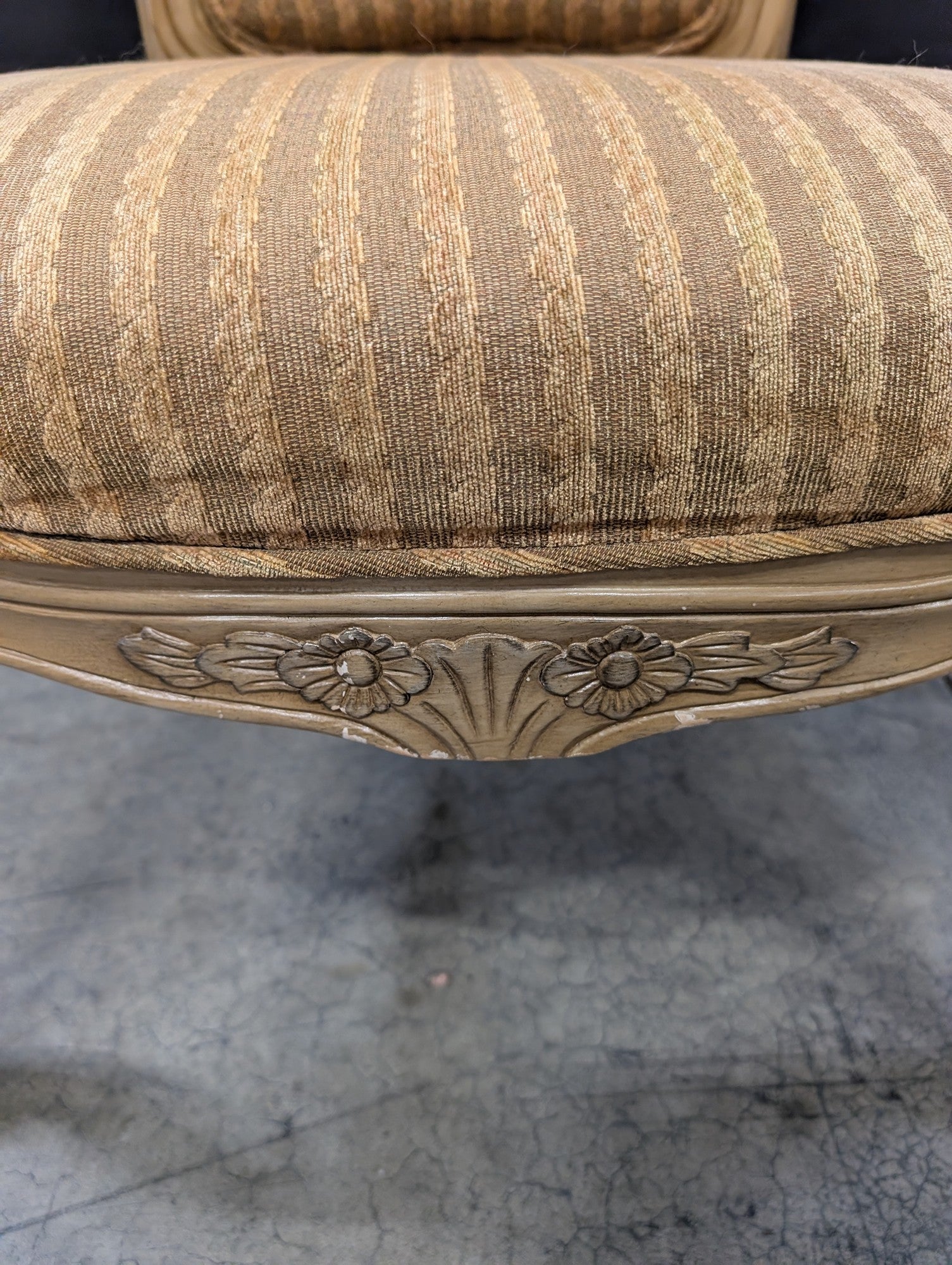 Carved Wood French Provincial Style Armchair with Striped Upholstery