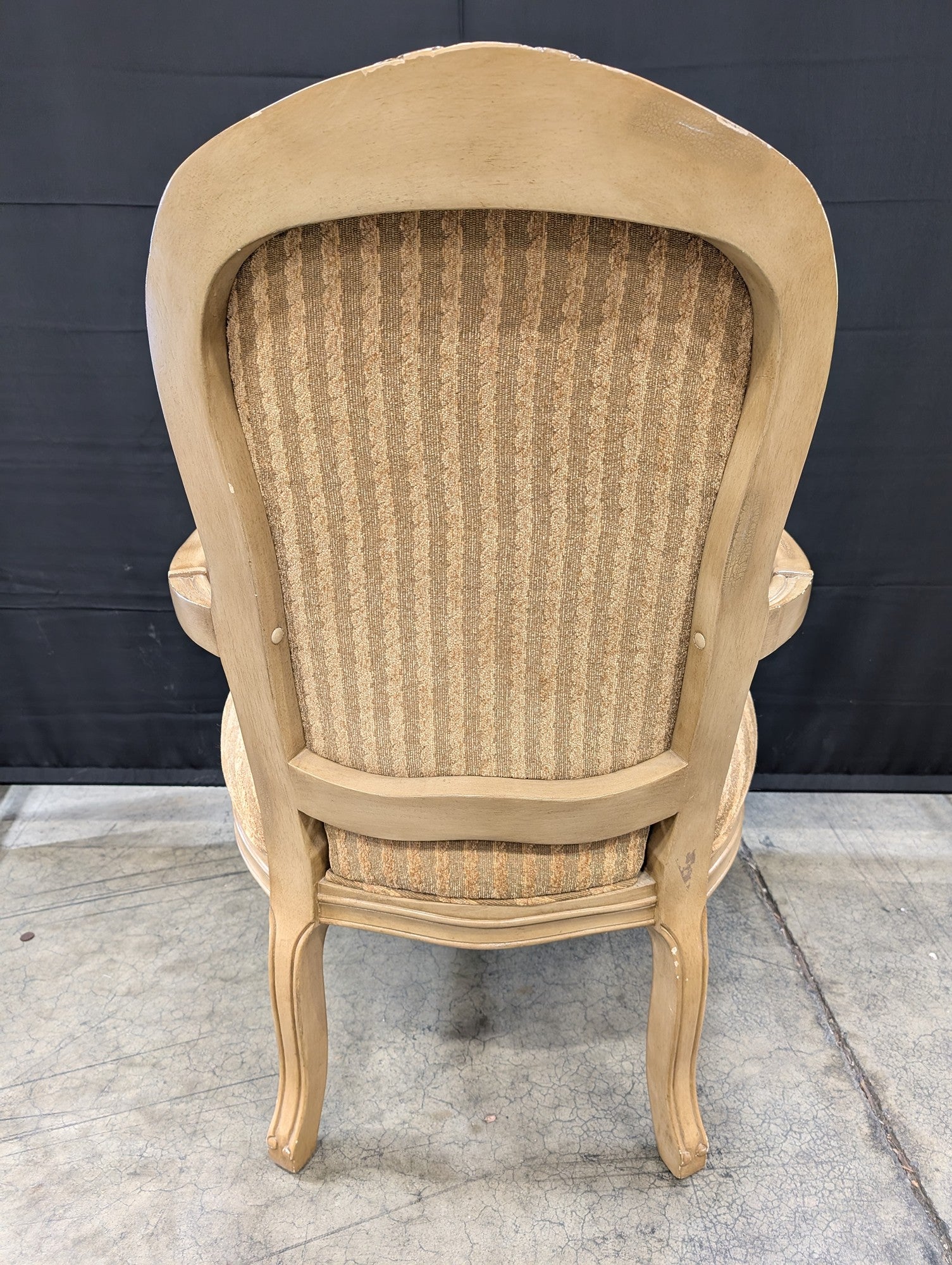Carved Wood French Provincial Style Armchair with Striped Upholstery