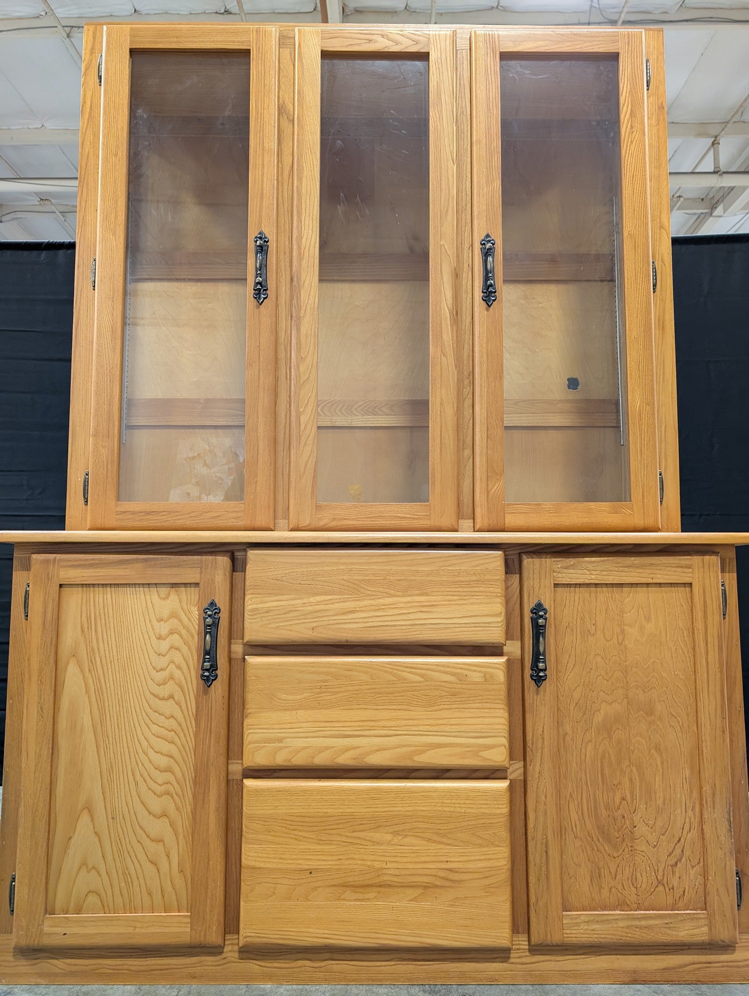 Natural Wood Display Hutch with Glass Doors and Storage Buffet
