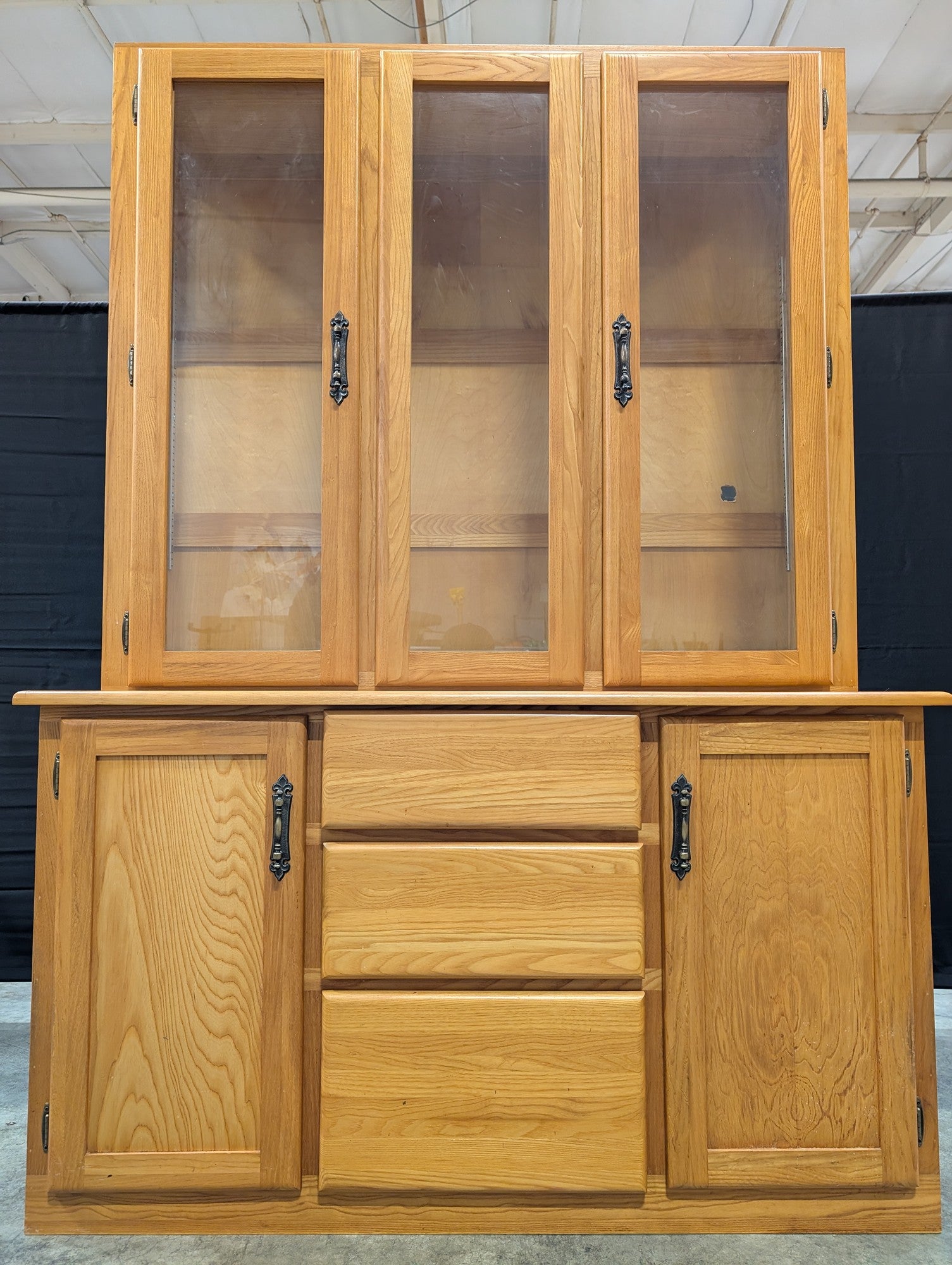 Natural Wood Display Hutch with Glass Doors and Storage Buffet