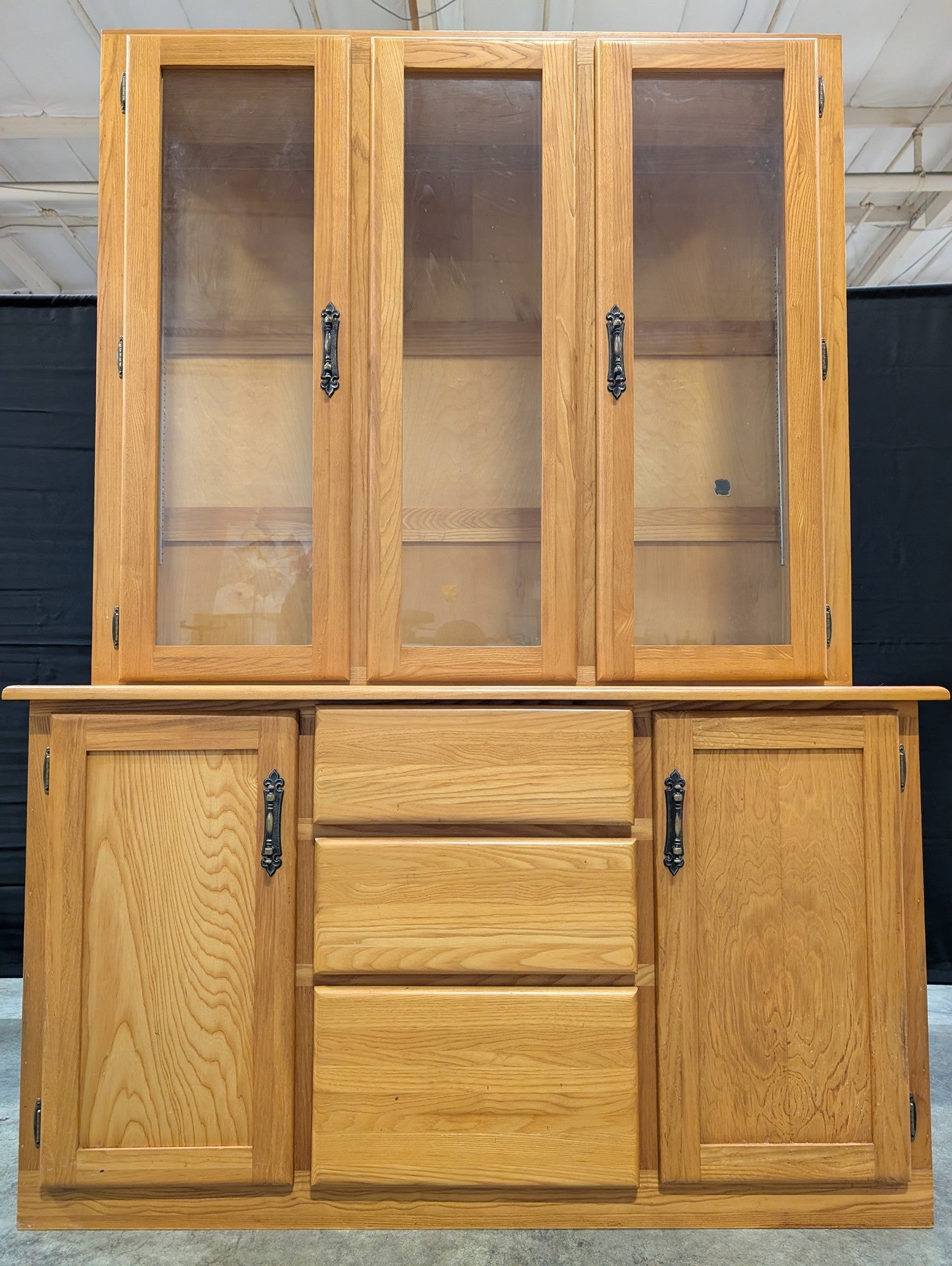 Natural Wood Display Hutch with Glass Doors and Storage Buffet