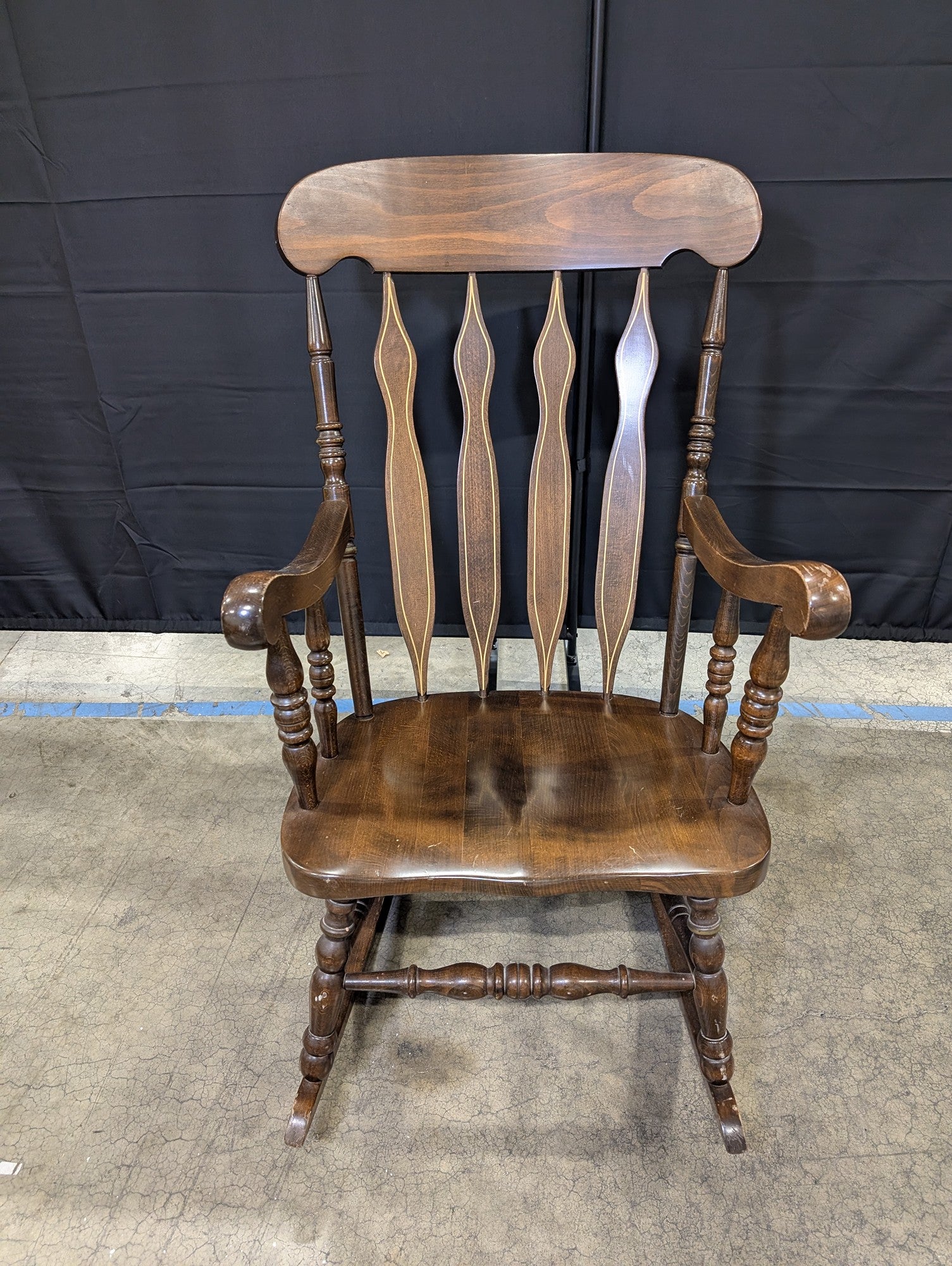 Traditional Dark Wood Rocking Chair with Inlaid Back Splats