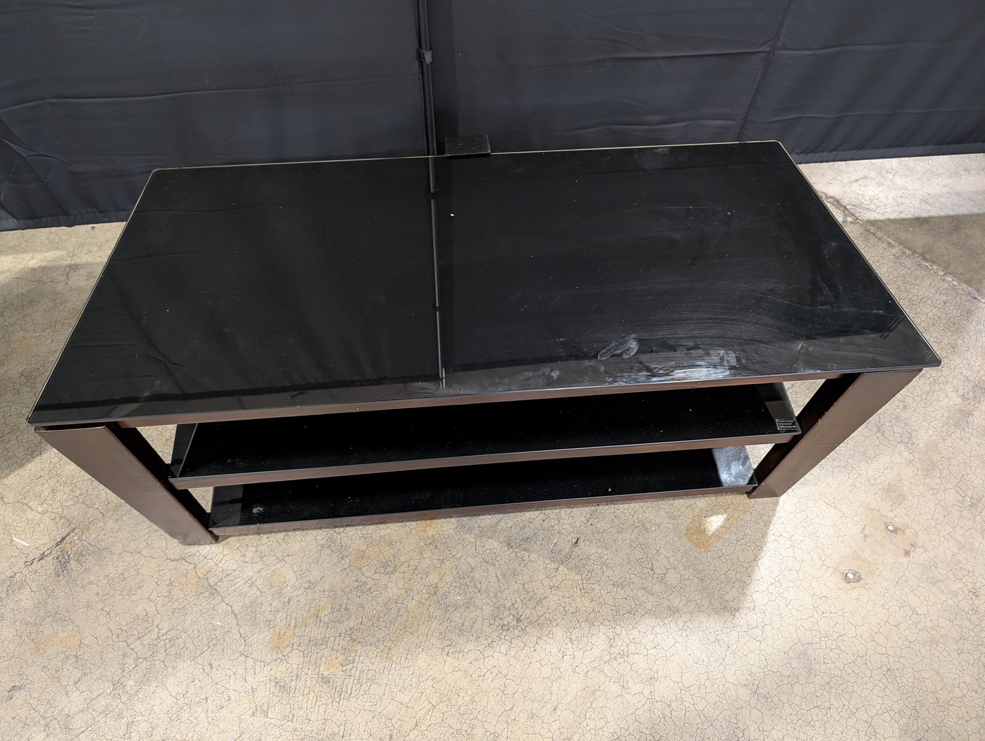 Modern Dark Wood and Black Glass Three-Tier Media Console