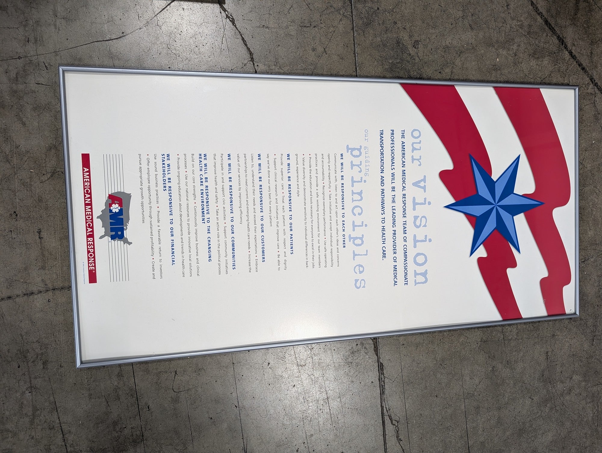 Official AMERICAN MEDICAL RESPONSE AMR Corporate Vision Guiding Principles Framed Sign