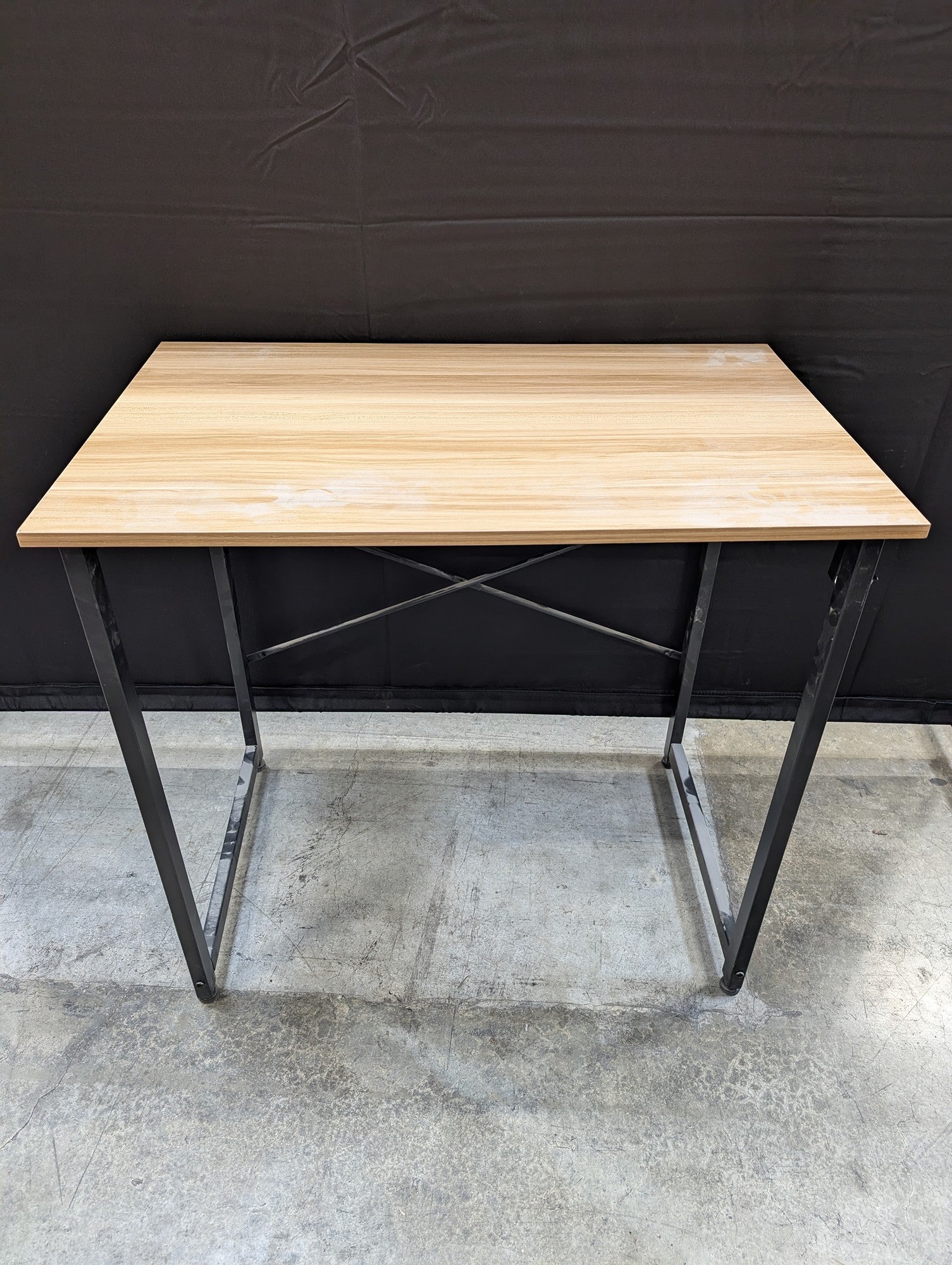 Minimalist Light Wood Tone Writing Desk with Black Metal Frame