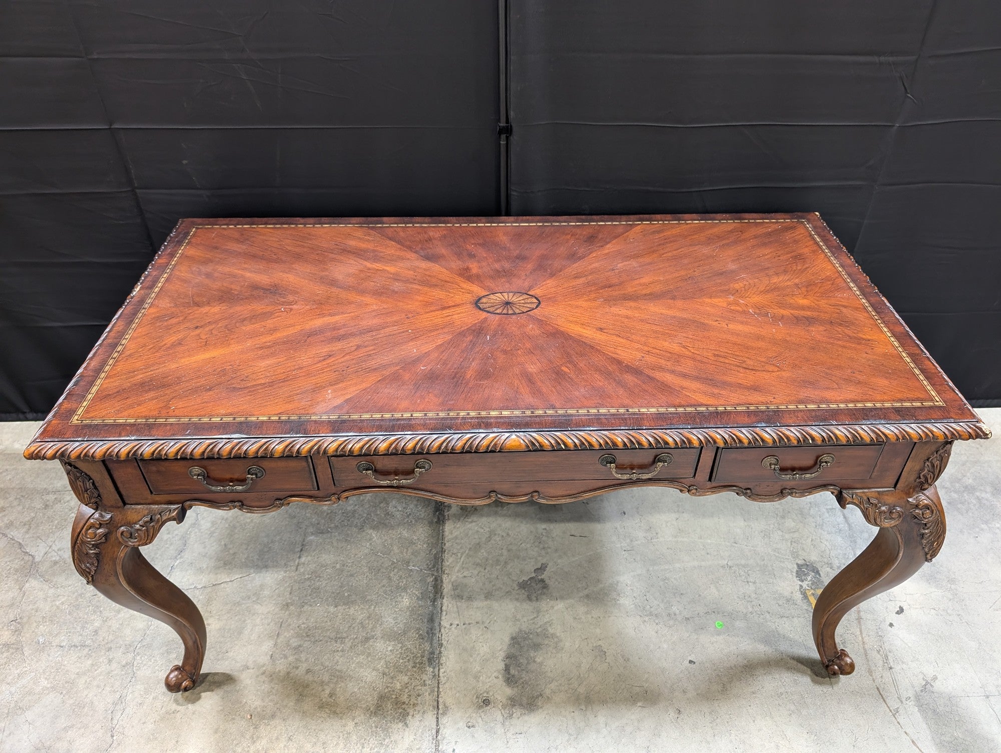 Ornate Inlaid Wood Writing Desk with Carved Details