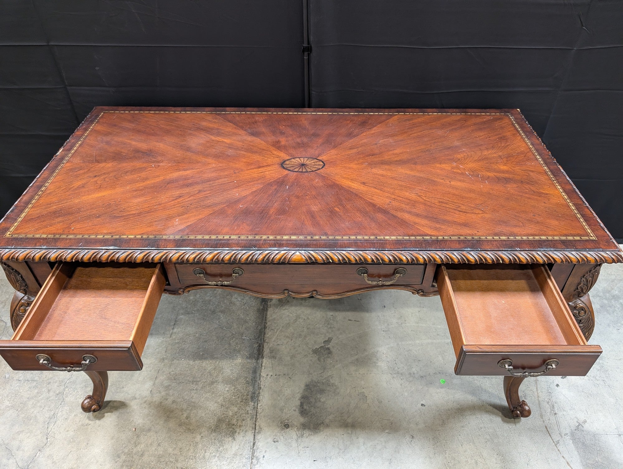 Ornate Inlaid Wood Writing Desk with Carved Details