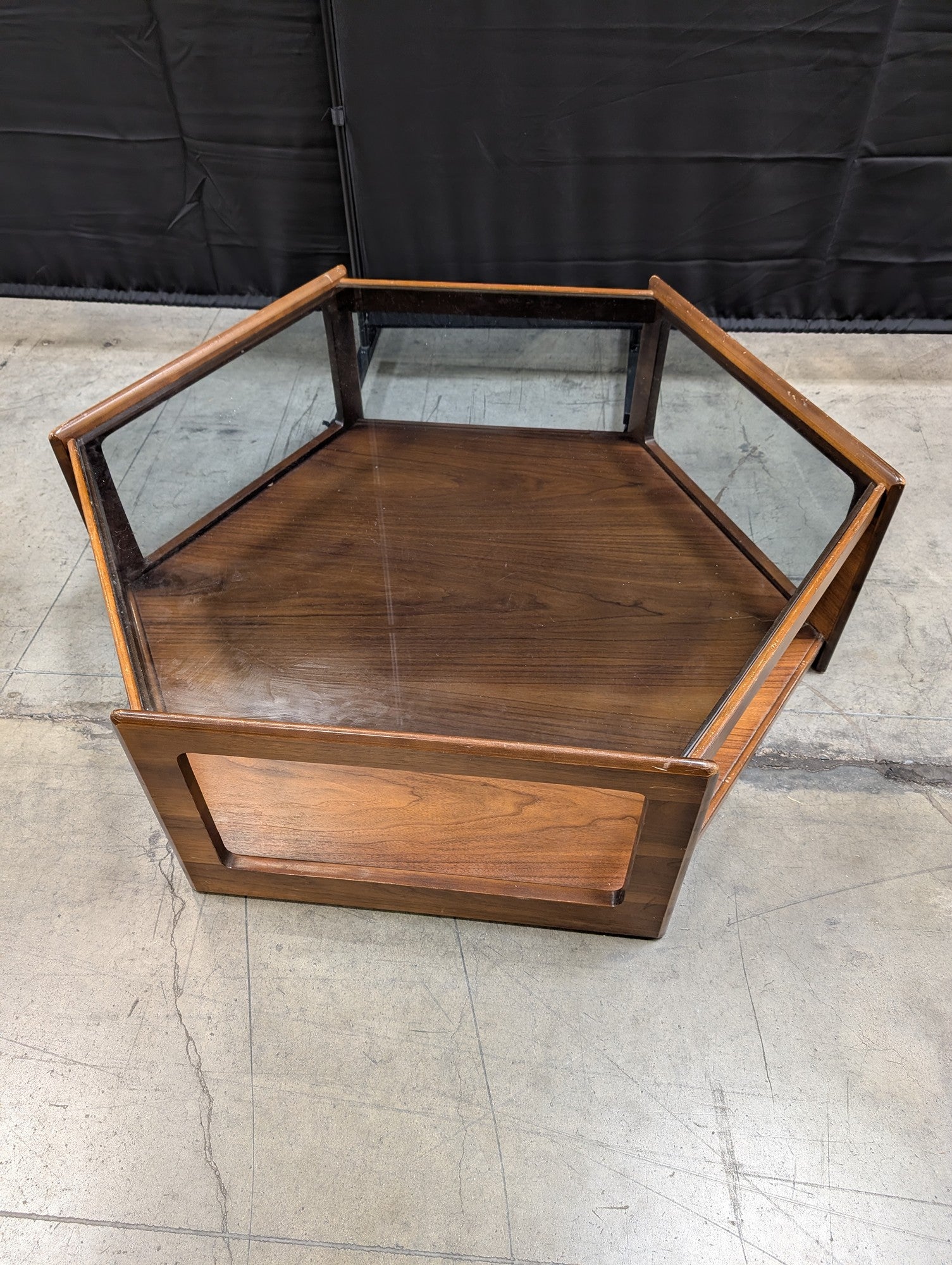 Mid-Century Modern Hexagonal Wood and Glass Display Table
