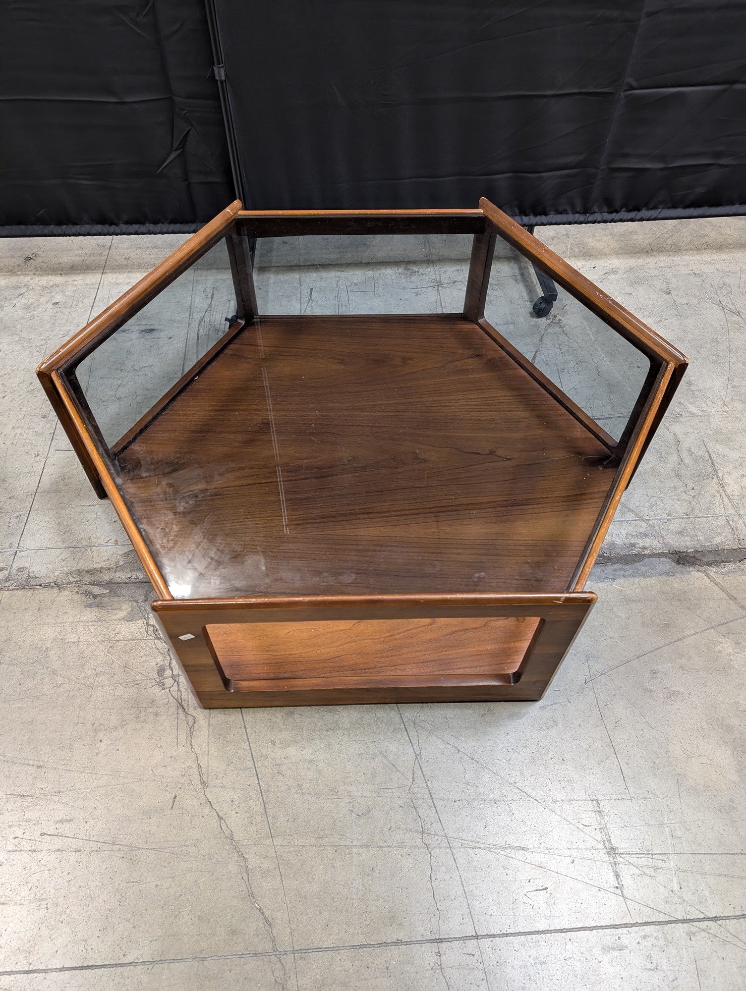 Mid-Century Modern Hexagonal Wood and Glass Display Table