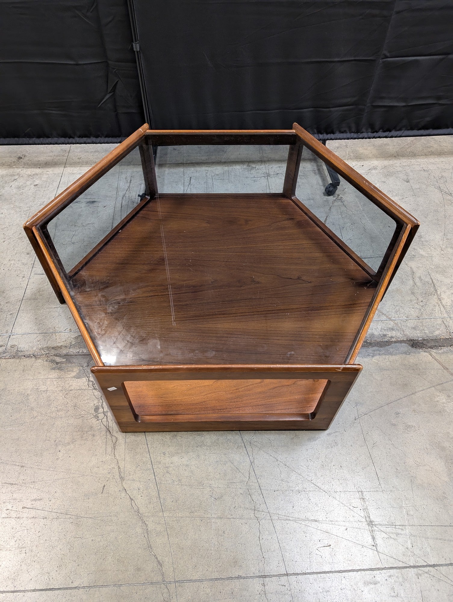Mid-Century Modern Hexagonal Wood and Glass Display Table