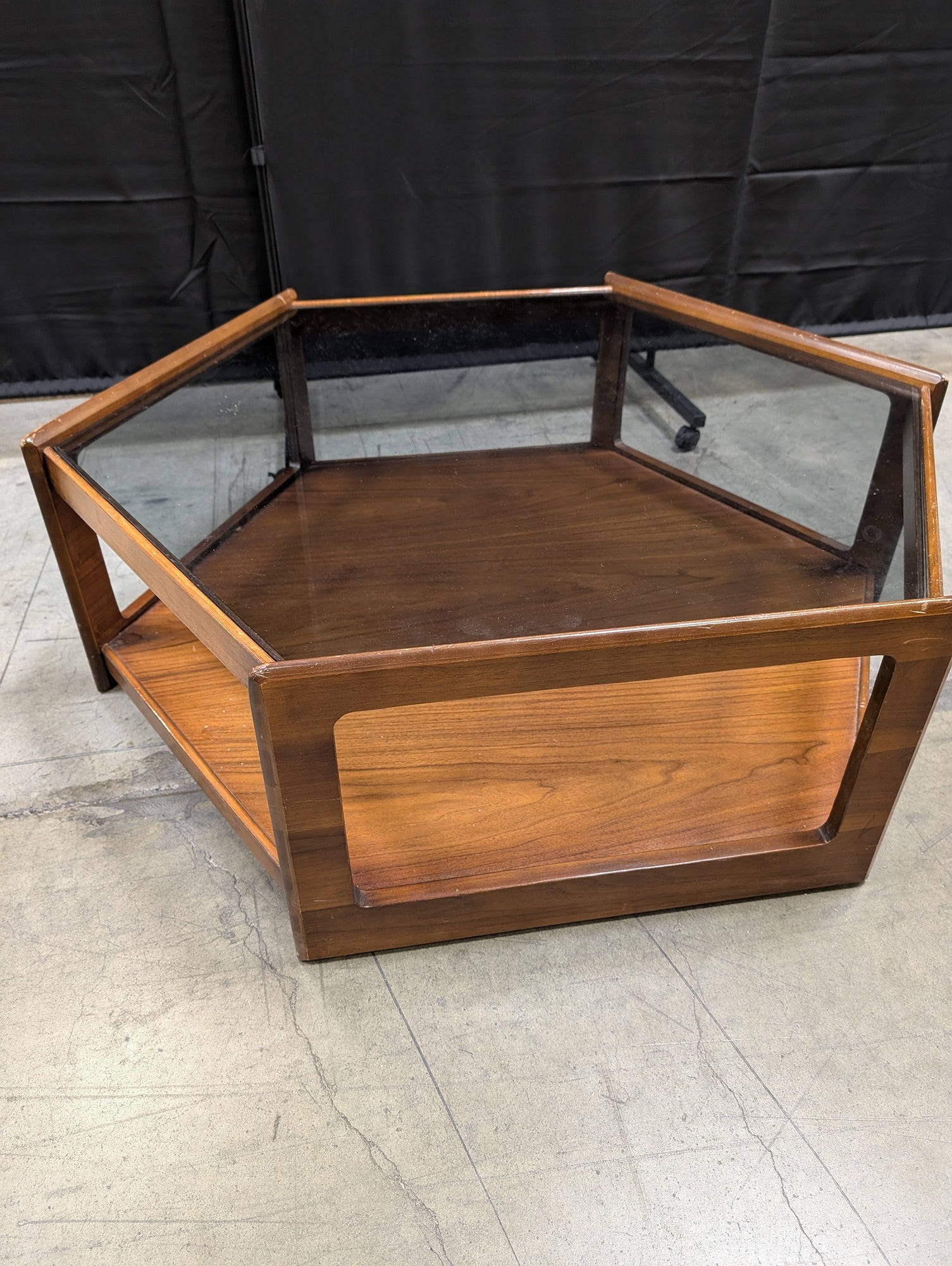 Mid-Century Modern Hexagonal Wood and Glass Display Table