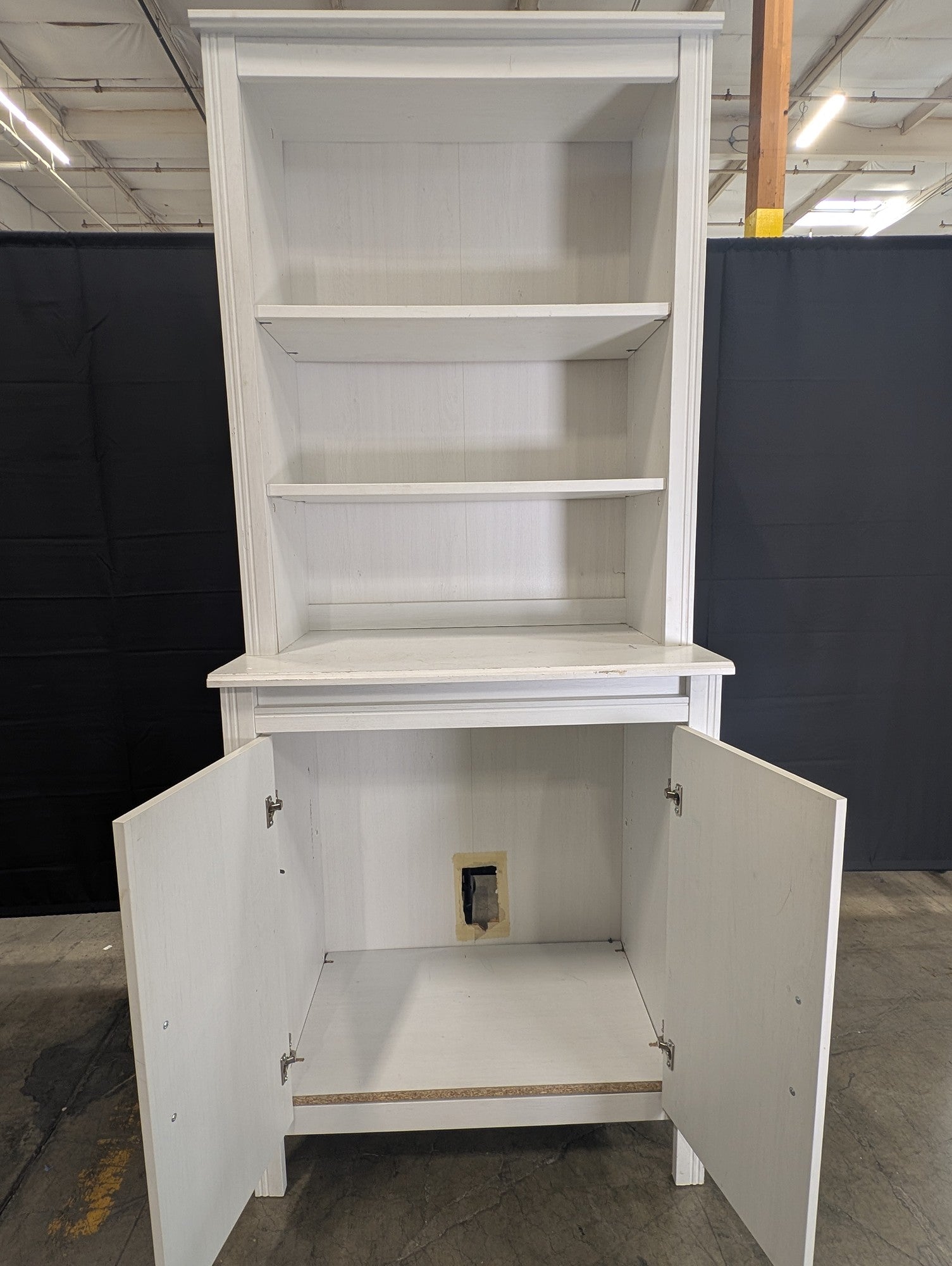 Distressed White Wood Hutch Bookshelf with Storage Cabinet