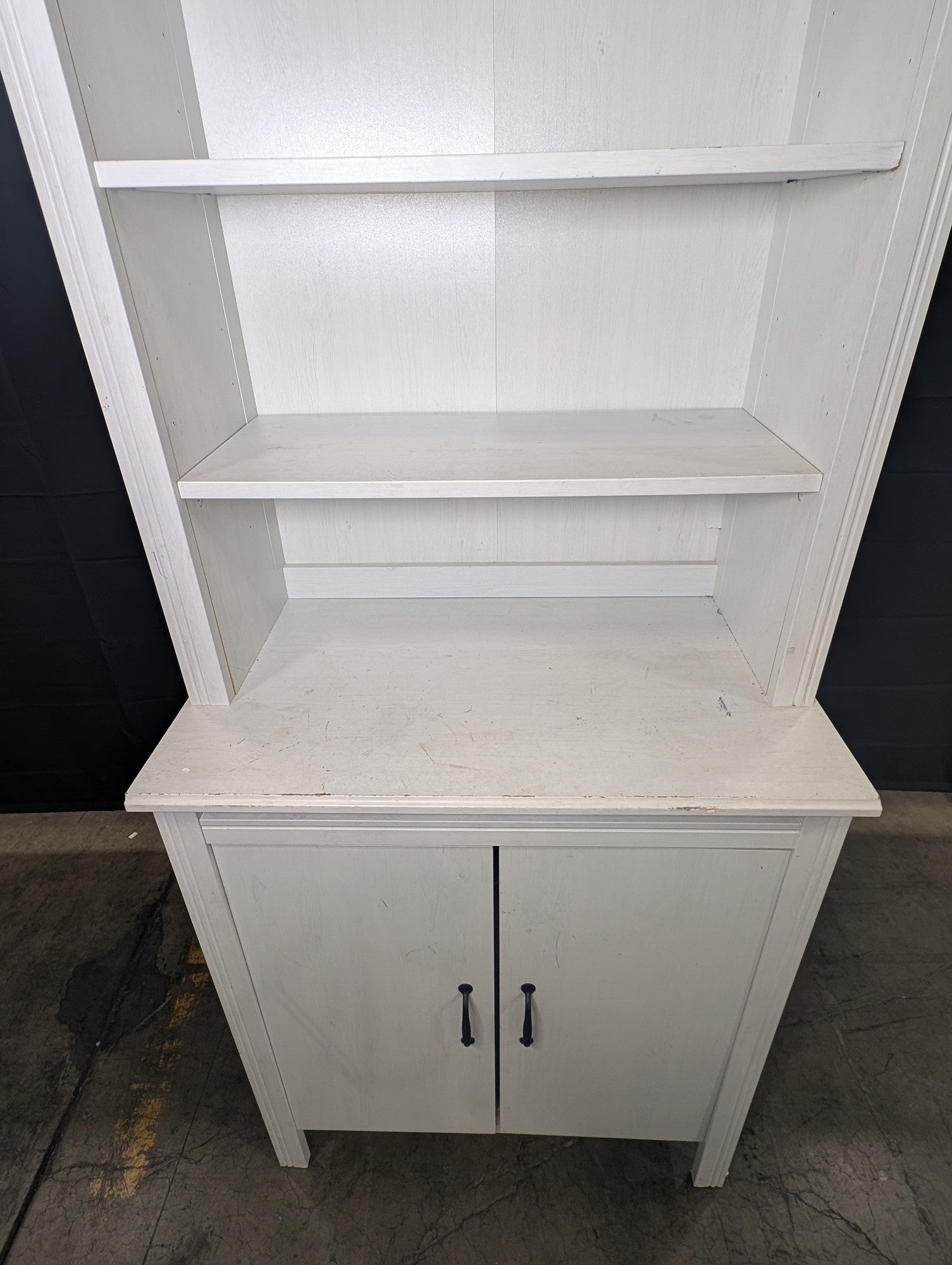 Distressed White Wood Hutch Bookshelf with Storage Cabinet