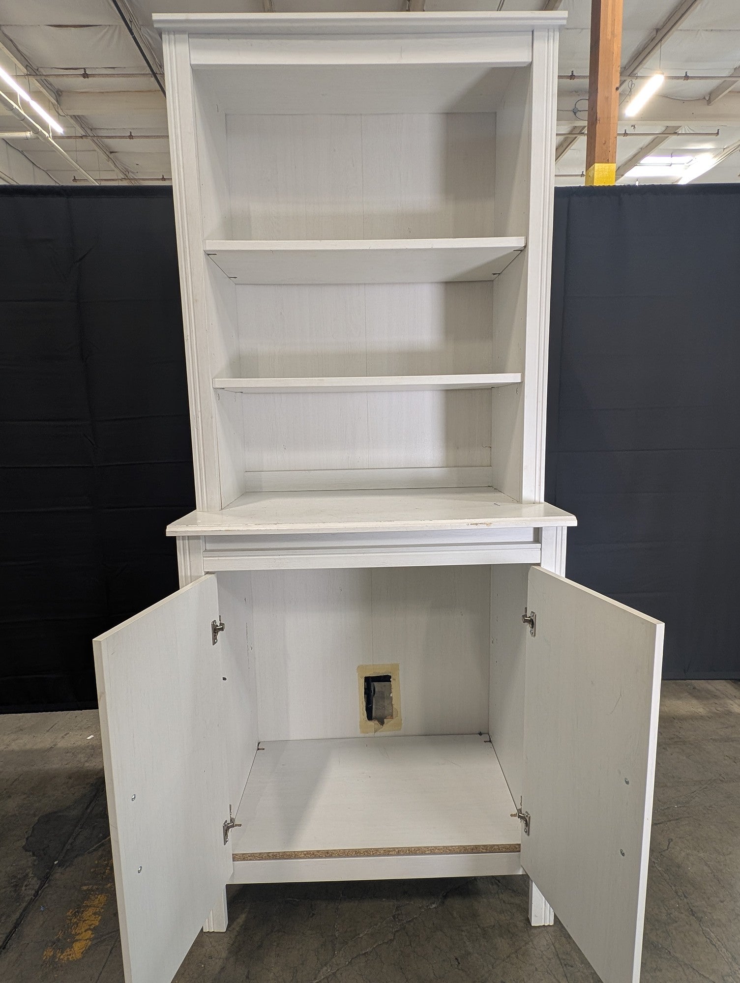 Distressed White Wood Hutch Bookshelf with Storage Cabinet