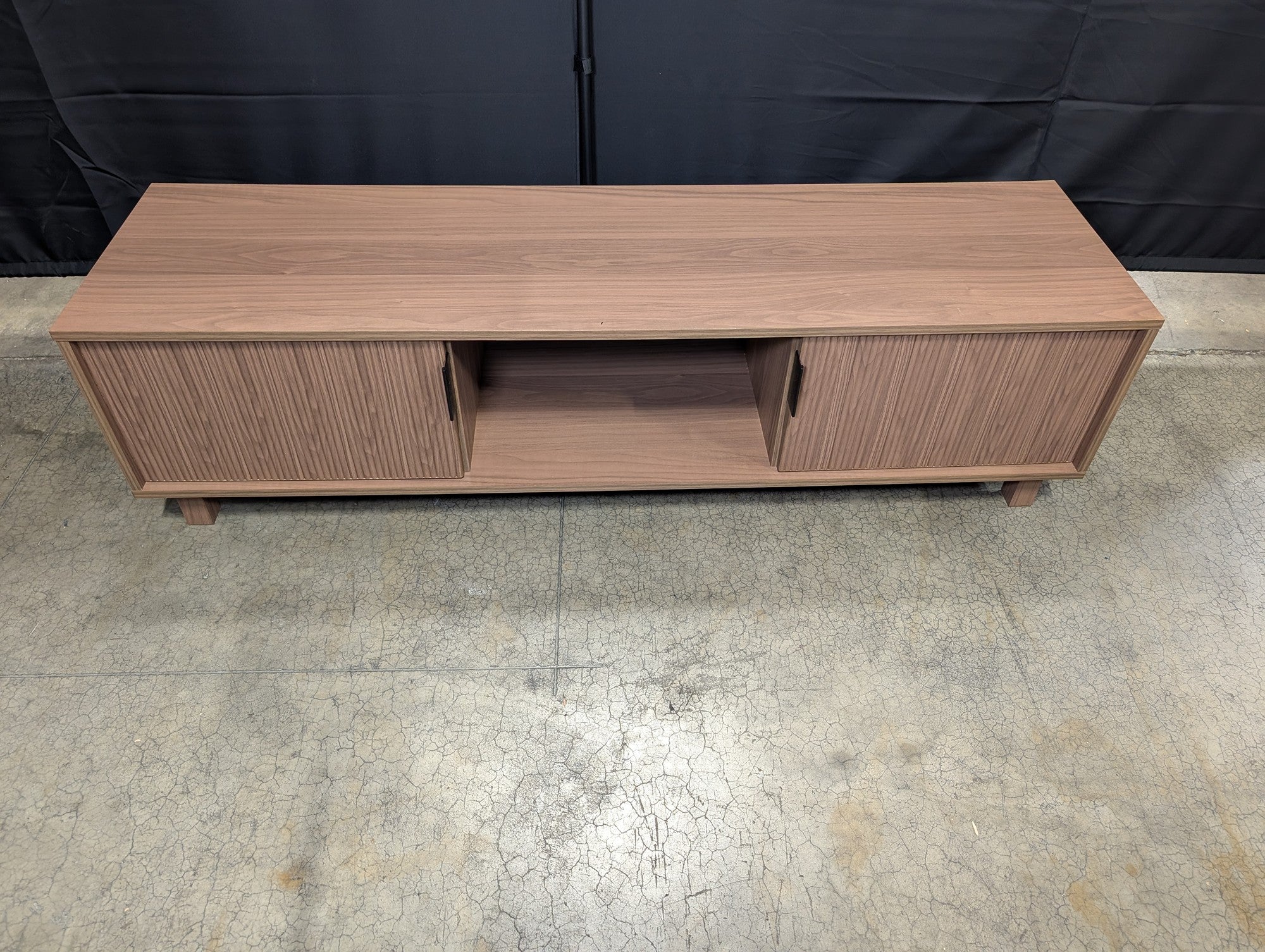Mid-Century Modern Wood Media Console with Slatted Doors