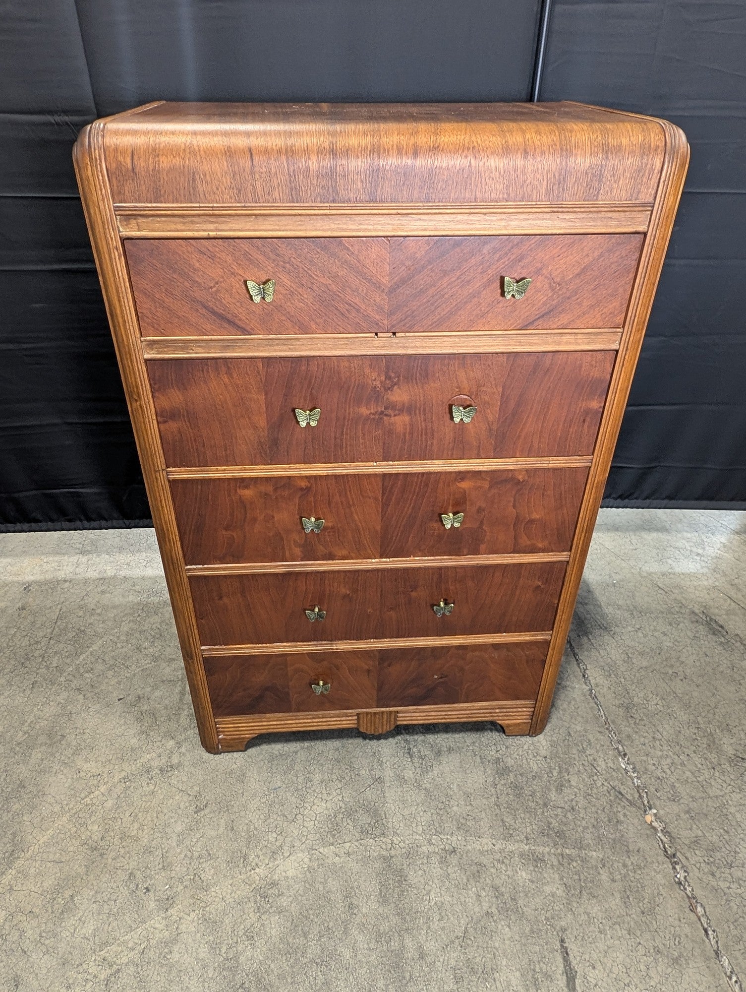 Vintage Art Deco Waterfall Wood Chest of Drawers