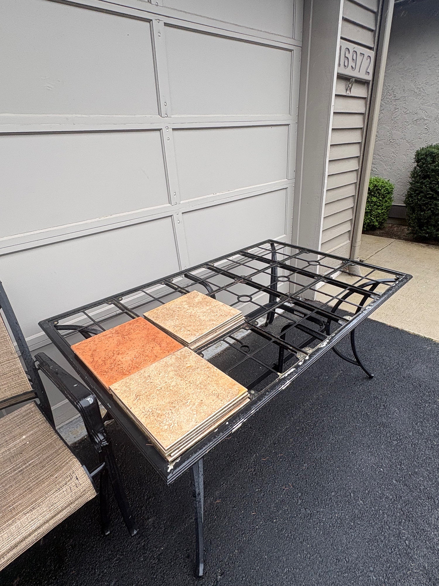 Black Metal Outdoor Patio Table with Tile Insert Grid Top