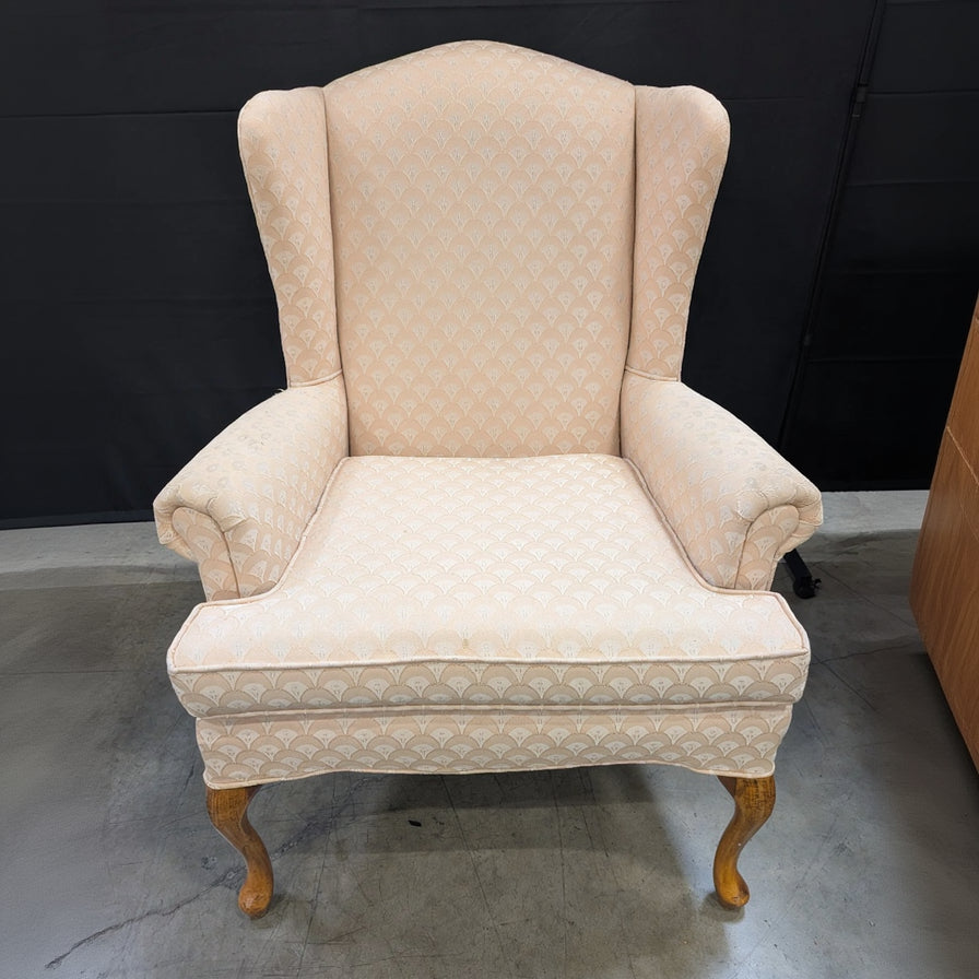 Traditional Upholstered Wingback Armchair with Scalloped Pattern