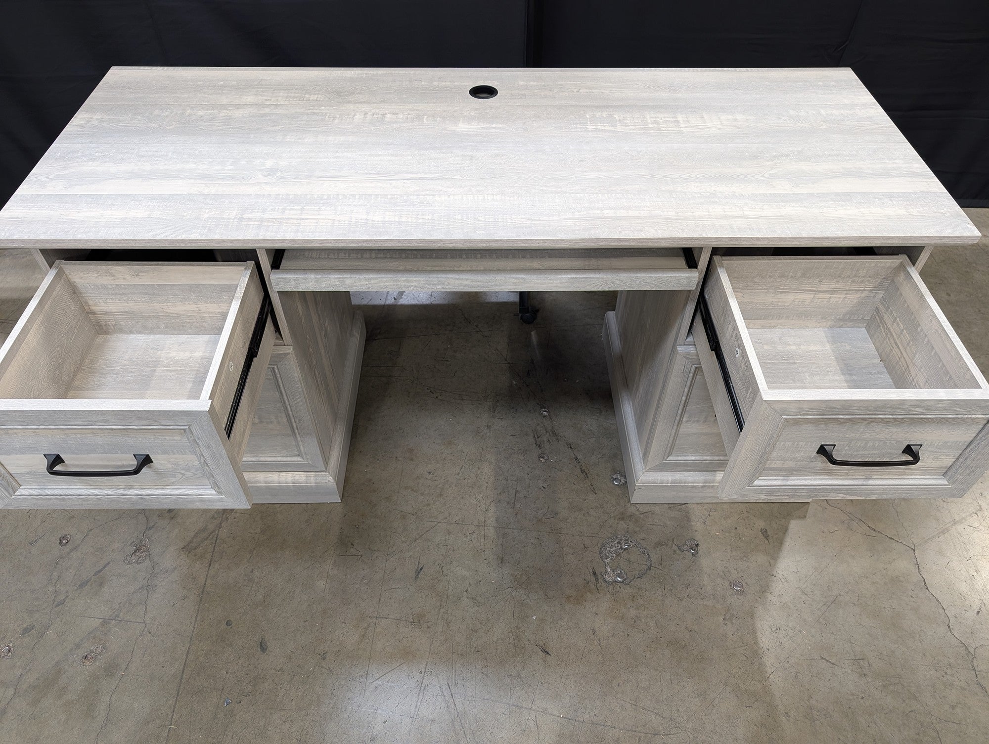 Light Gray Wood Grain Office Desk with Multiple Drawers