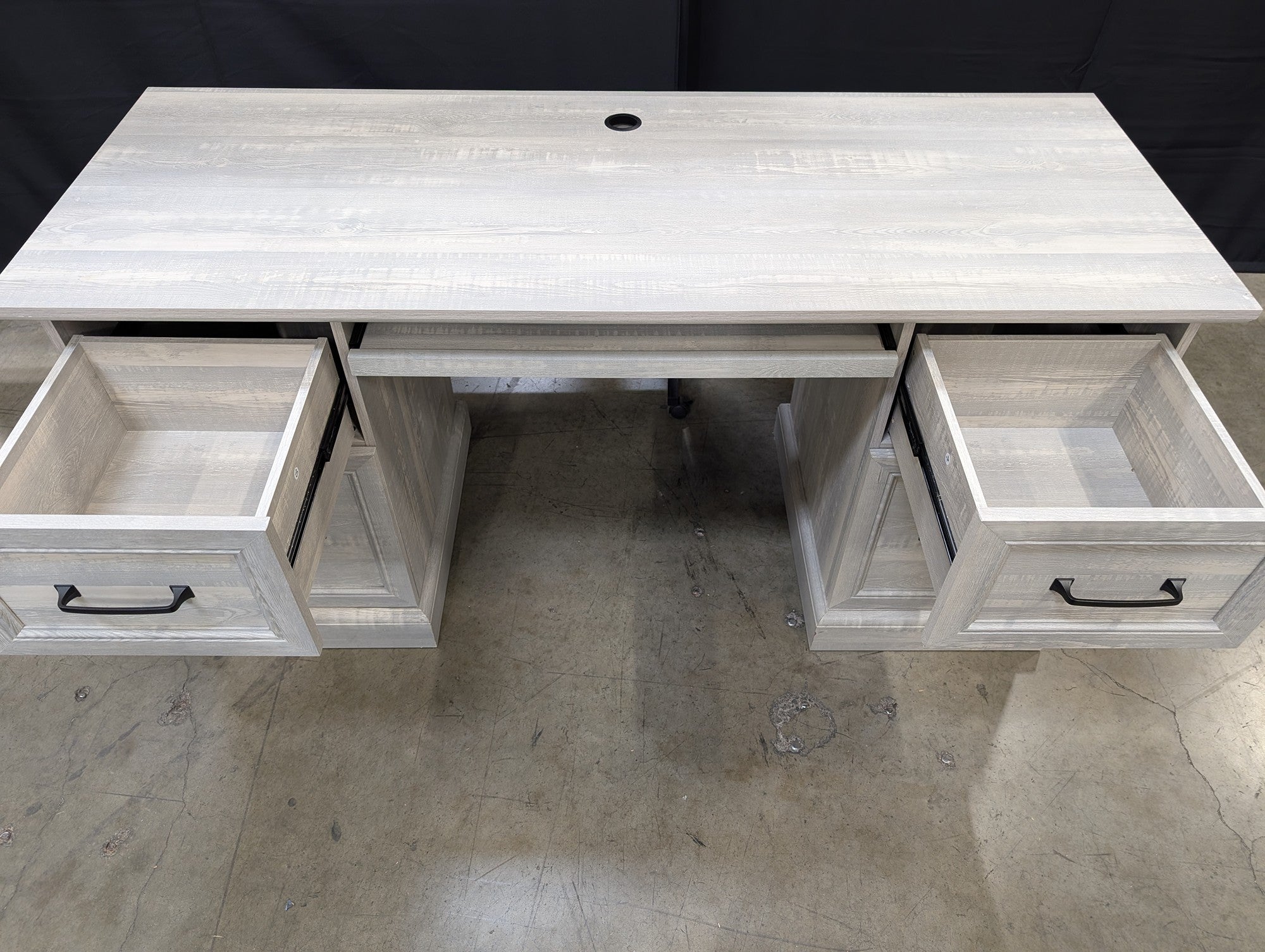 Light Gray Wood Grain Office Desk with Multiple Drawers