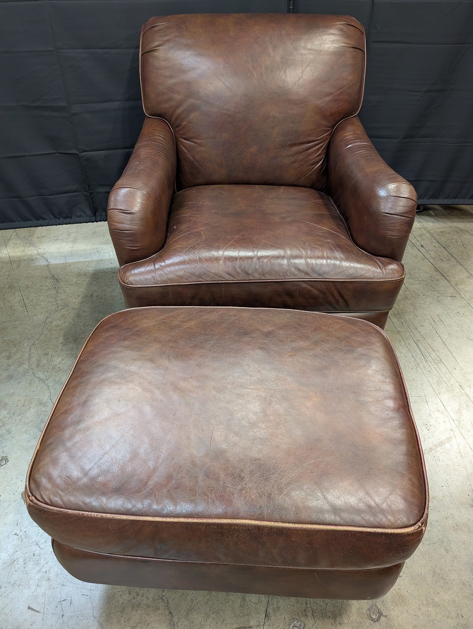 Classic Brown Leather Armchair and Ottoman Set