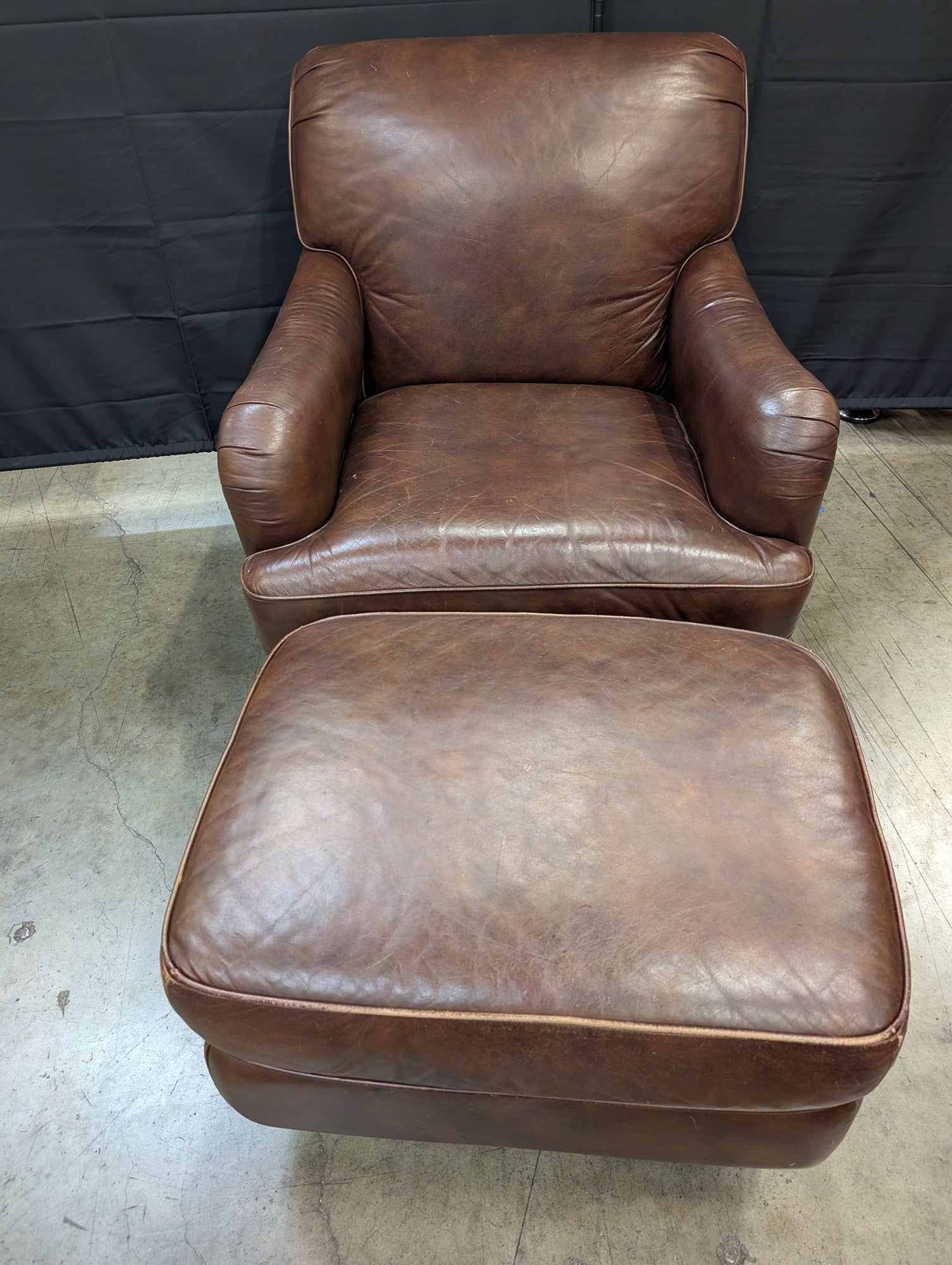 Classic Brown Leather Armchair and Ottoman Set