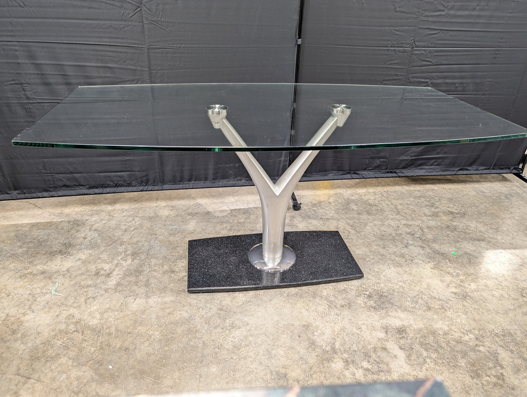 Sleek Contemporary Tempered Glass Top Table with Y-Pedestal Base