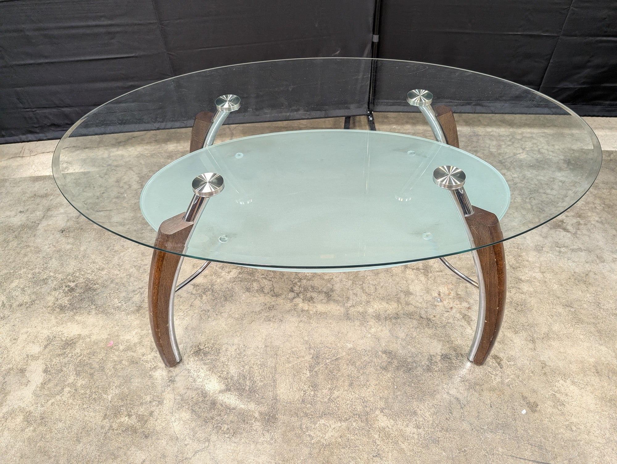 Contemporary Two-Tiered Glass Top Coffee Table with Wood and Chrome Accents