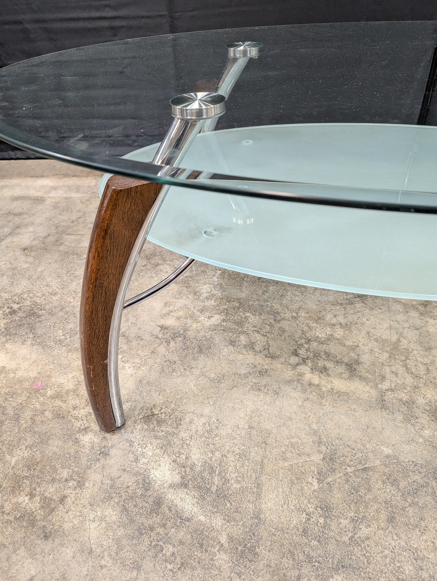 Contemporary Two-Tiered Glass Top Coffee Table with Wood and Chrome Accents