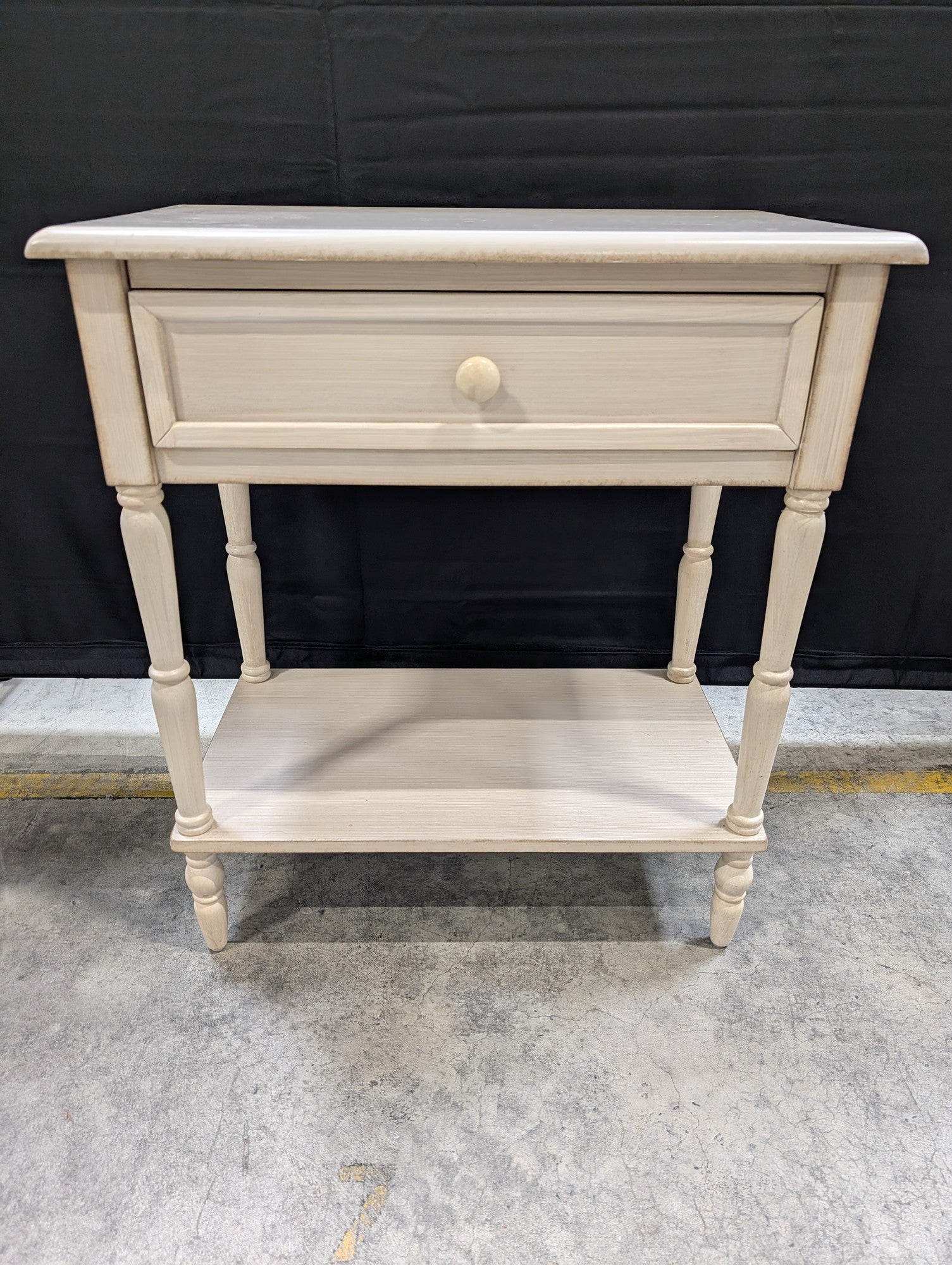 Distressed Cream Wood Side Table with Drawer and Shelf