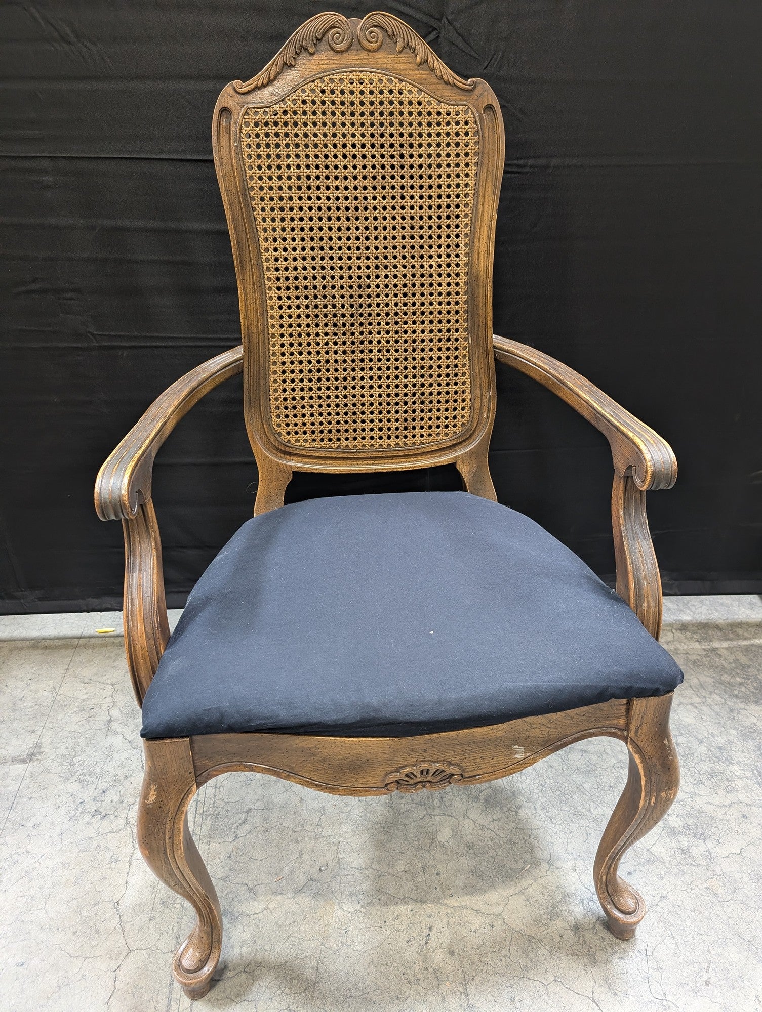 French Provincial Carved Wood Cane Back Accent Armchair