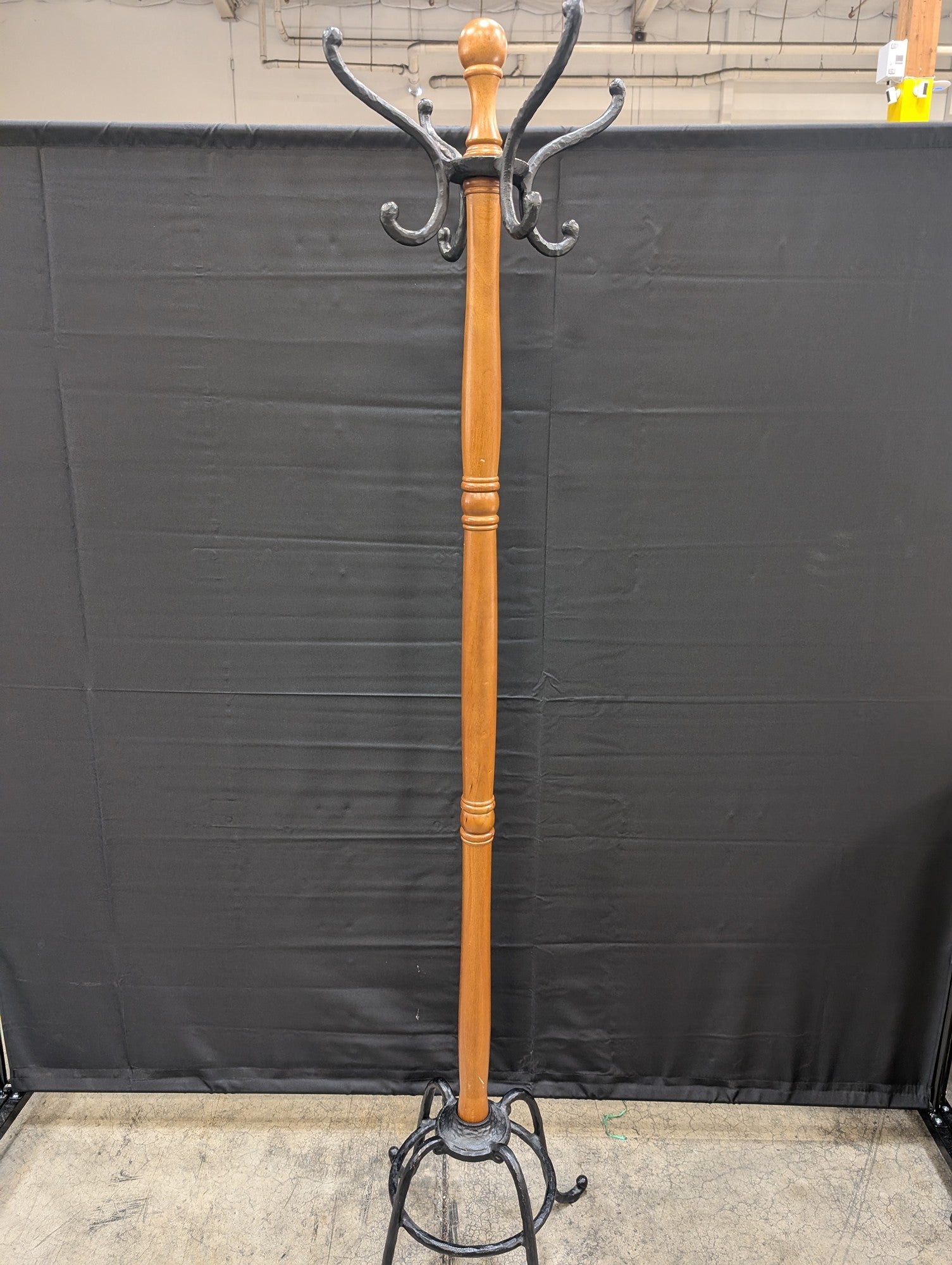 Classic Wooden Coat Stand with Black Cast Iron Hooks