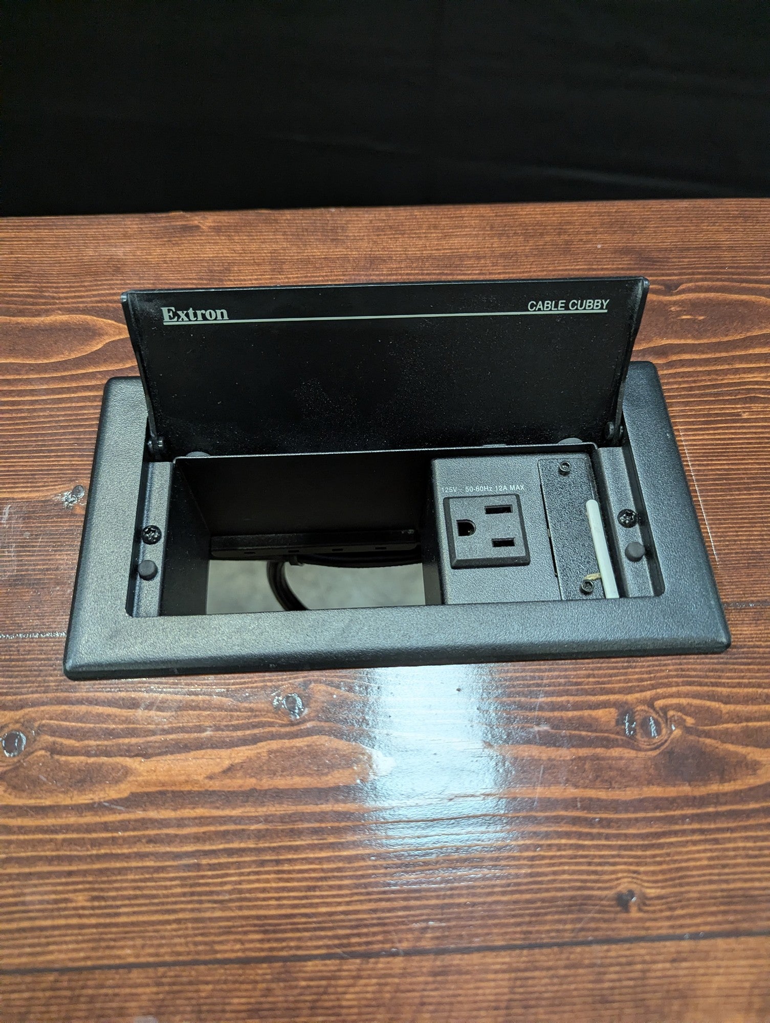 Substantial Stained Wood Desk with Integrated Extron Cable Cubby Power Module