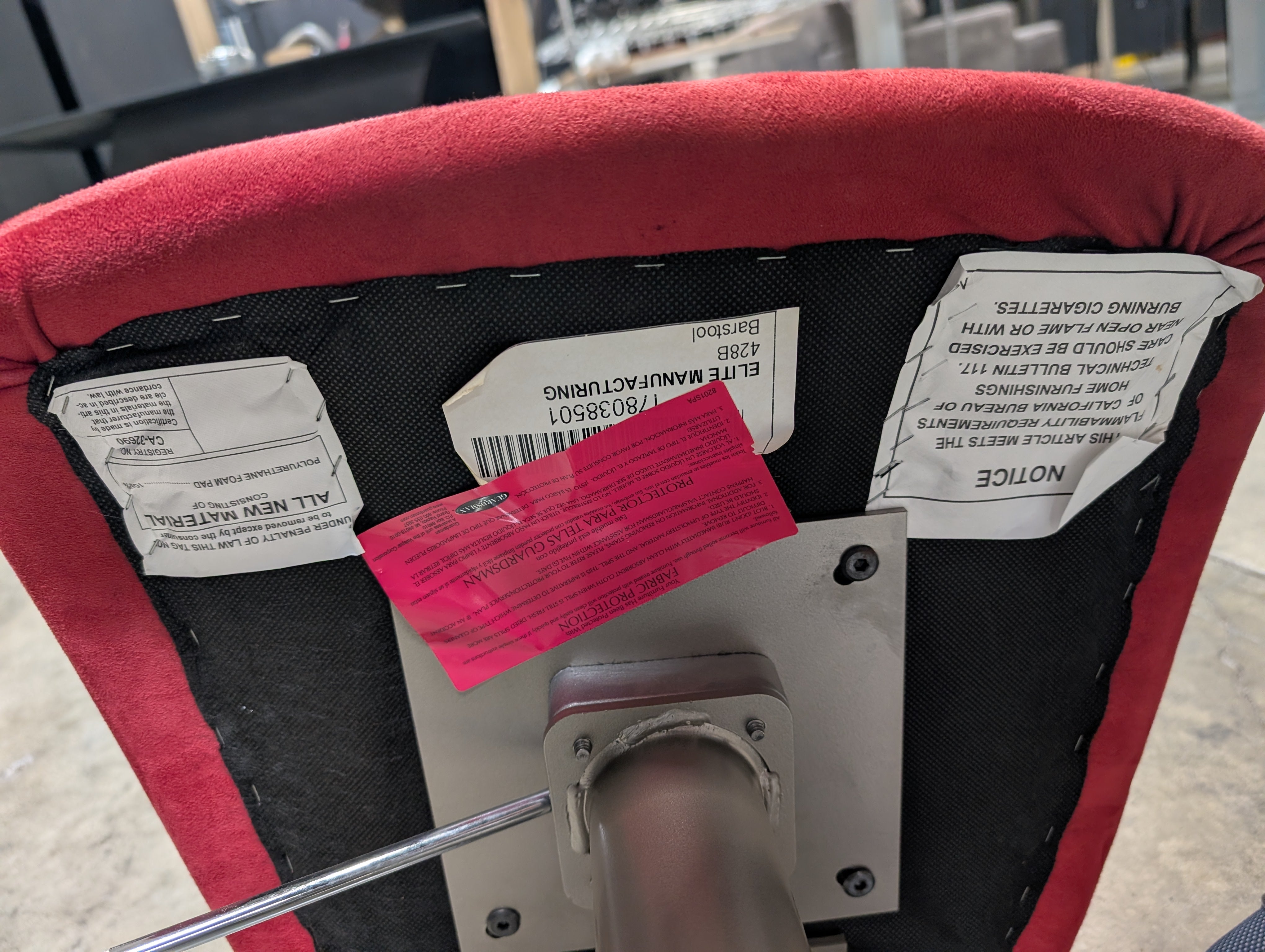 Elite Manufacturing Modern Red Upholstered Bar Stool with Brushed Metal Back - needs a cleaning