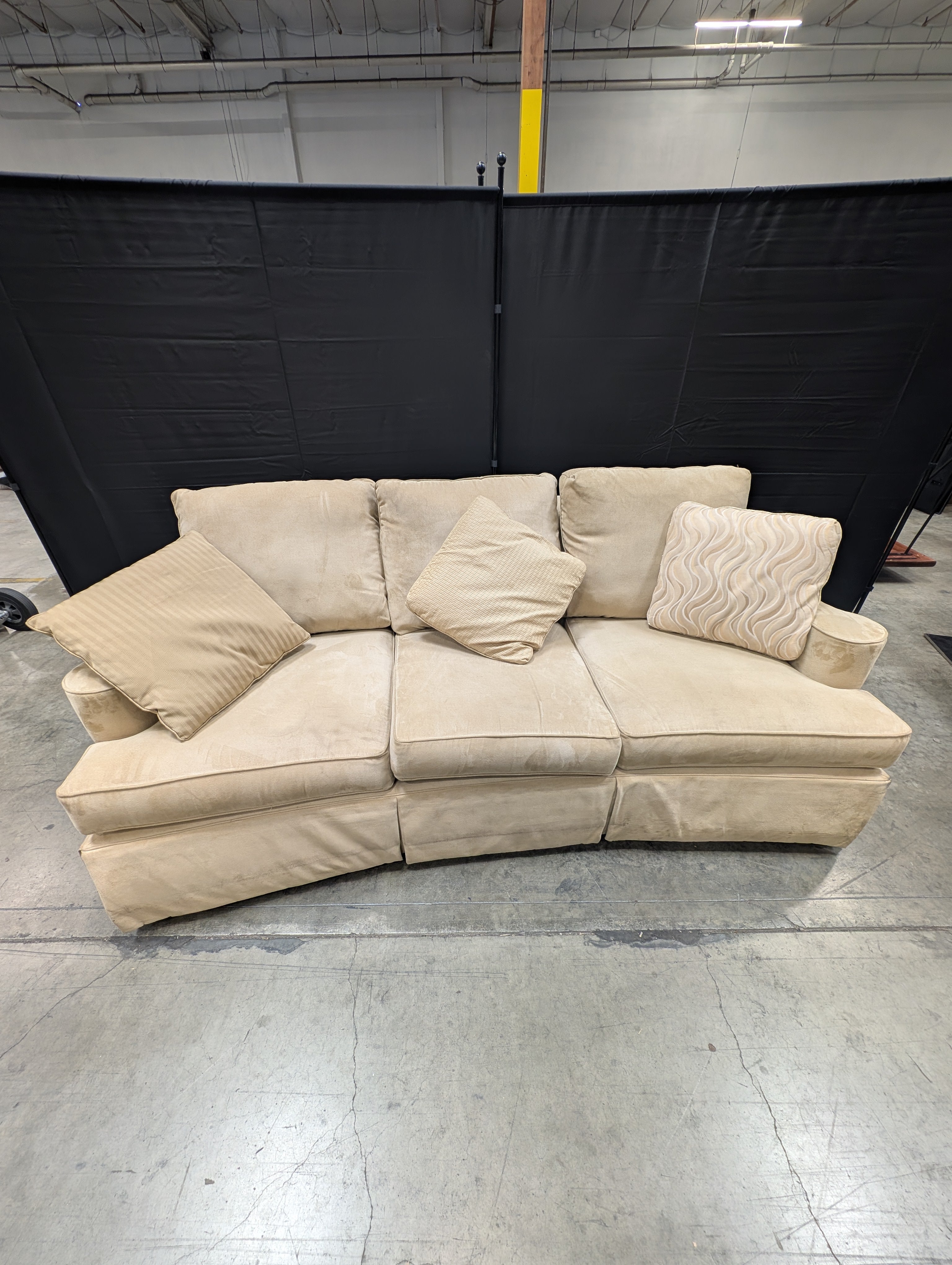 Clayton Marcus Beige Upholstered Three-Seat Sofa with Accent Pillows