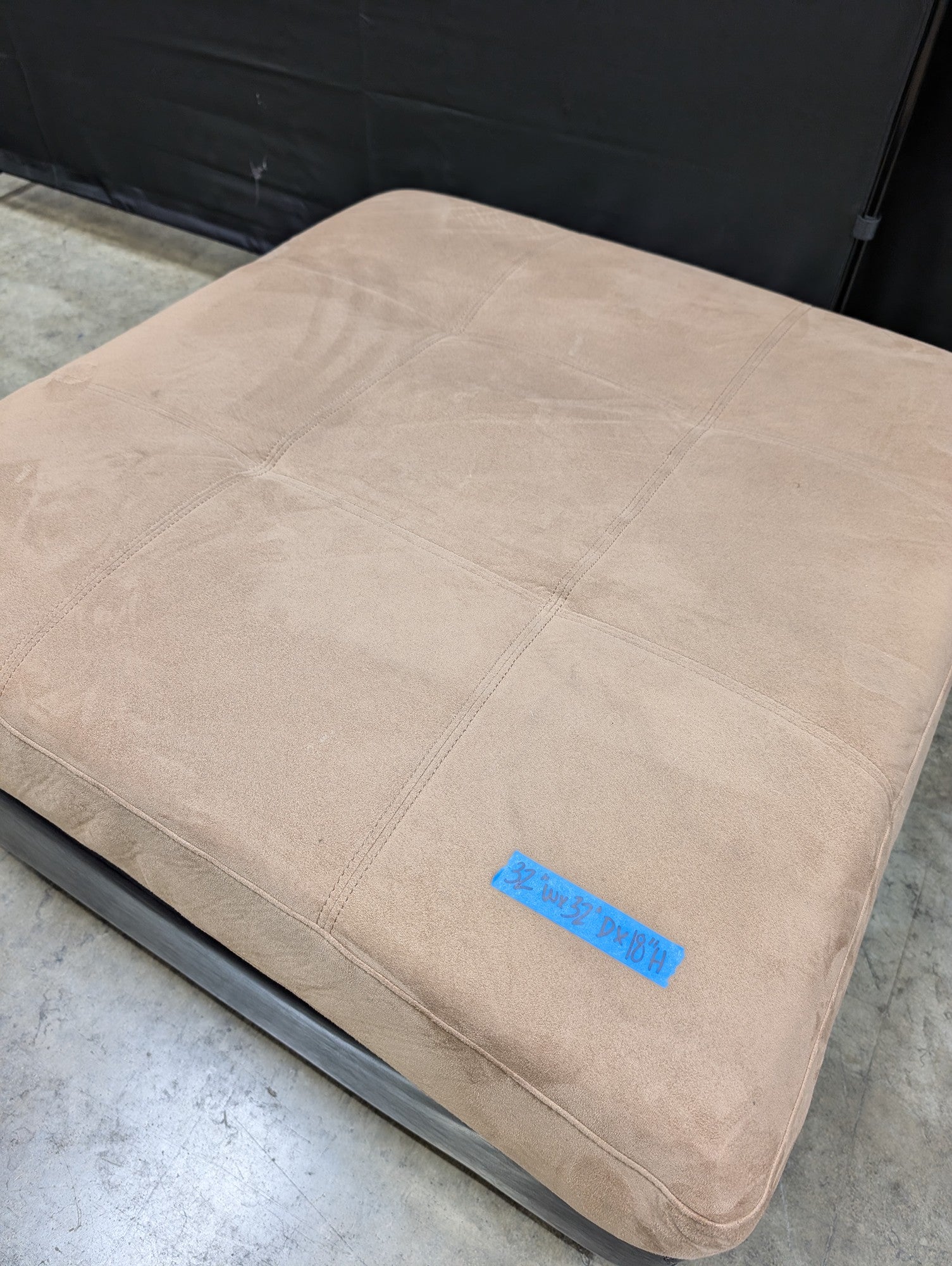 Large Square Tan Microsuede and Black Upholstered Ottoman