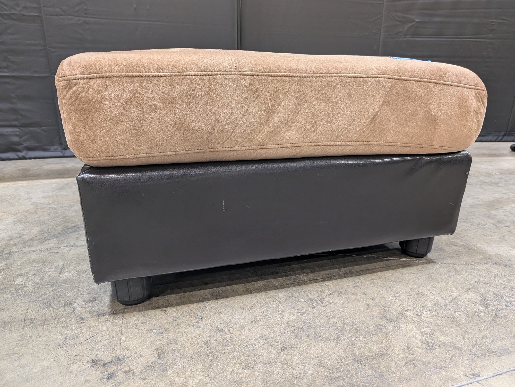 Large Square Tan Microsuede and Black Upholstered Ottoman