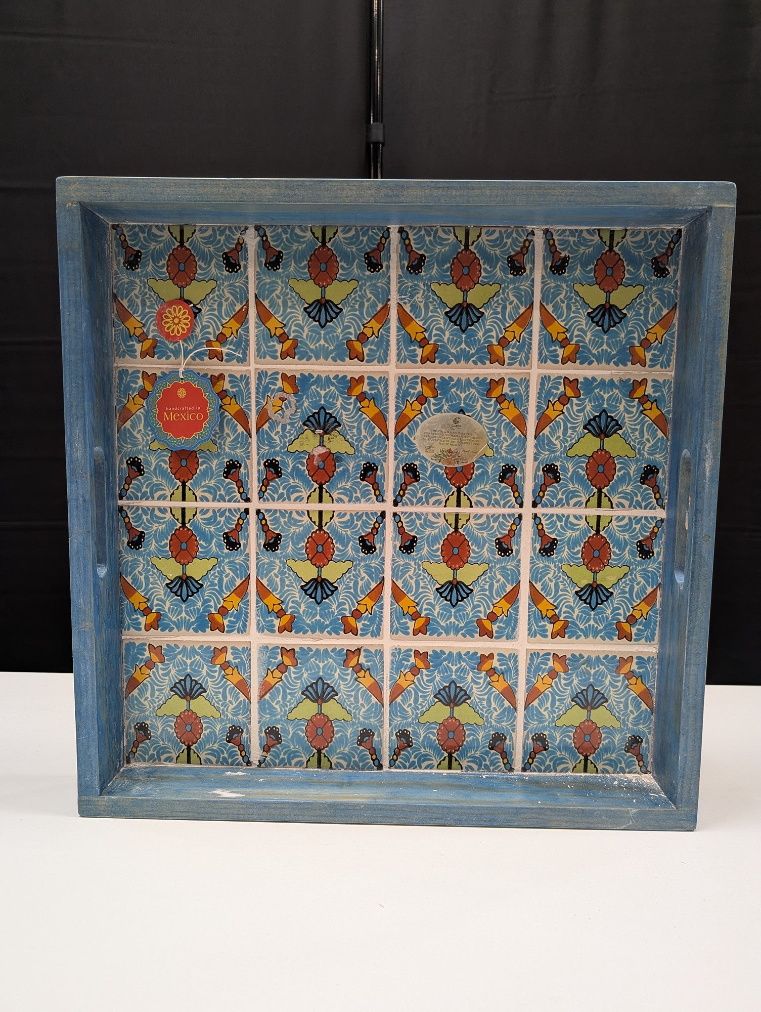 Handcrafted Mexican Ceramic Tile & Wood Serving Tray with Vibrant Floral Motif
