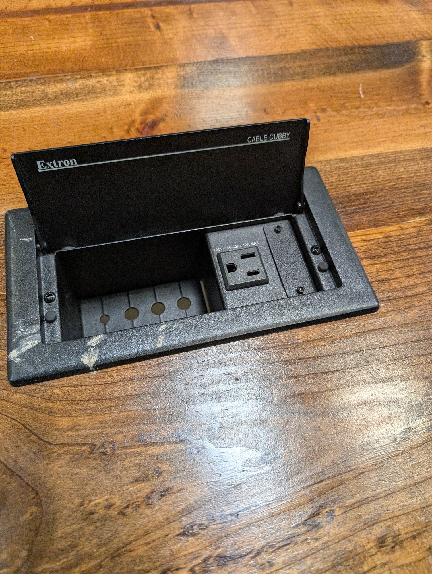 Rustic Wood Conference Table with Integrated Extron Cable Cubby