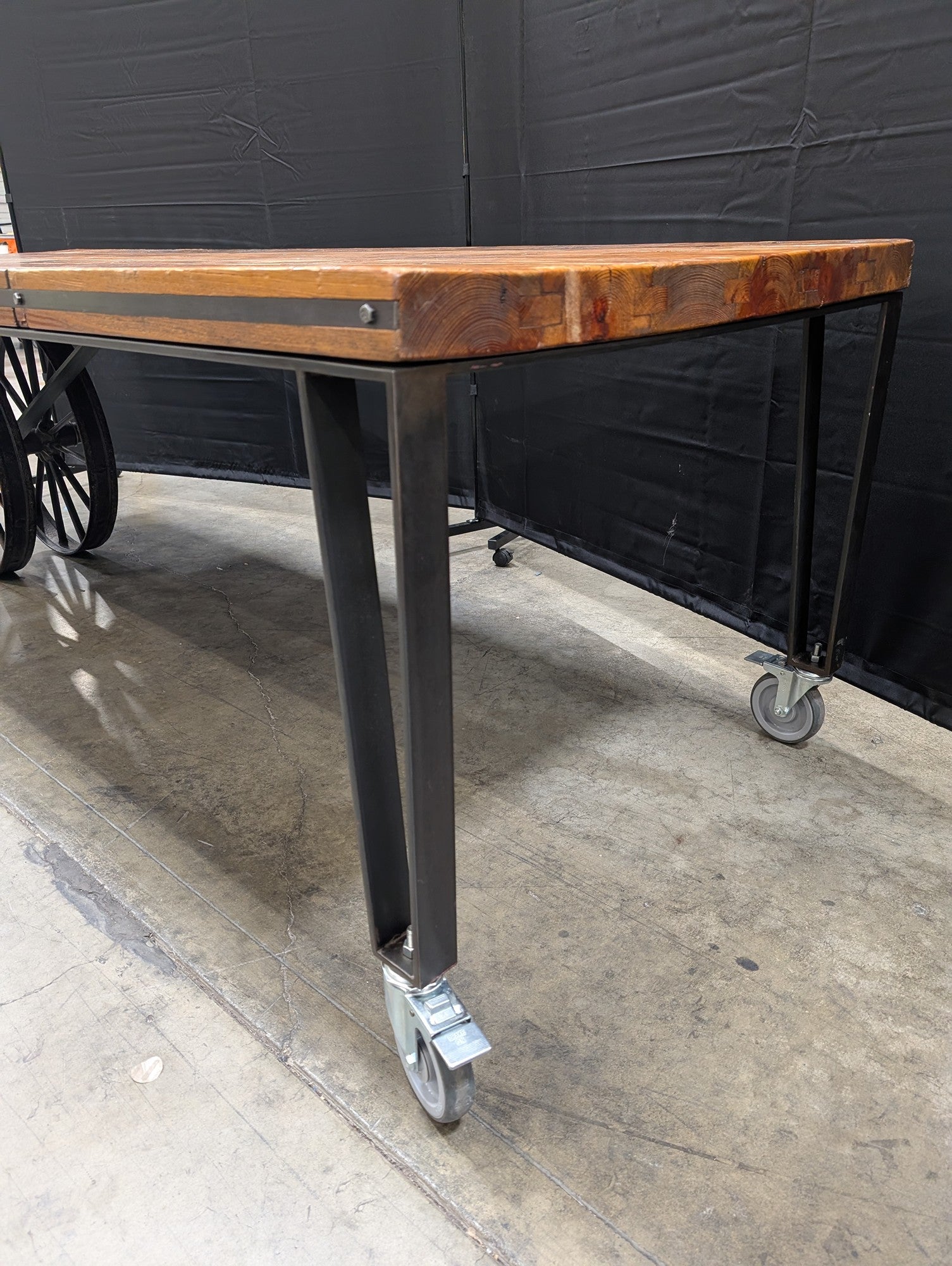 Industrial Style Butcher Block Top Rolling Console Table