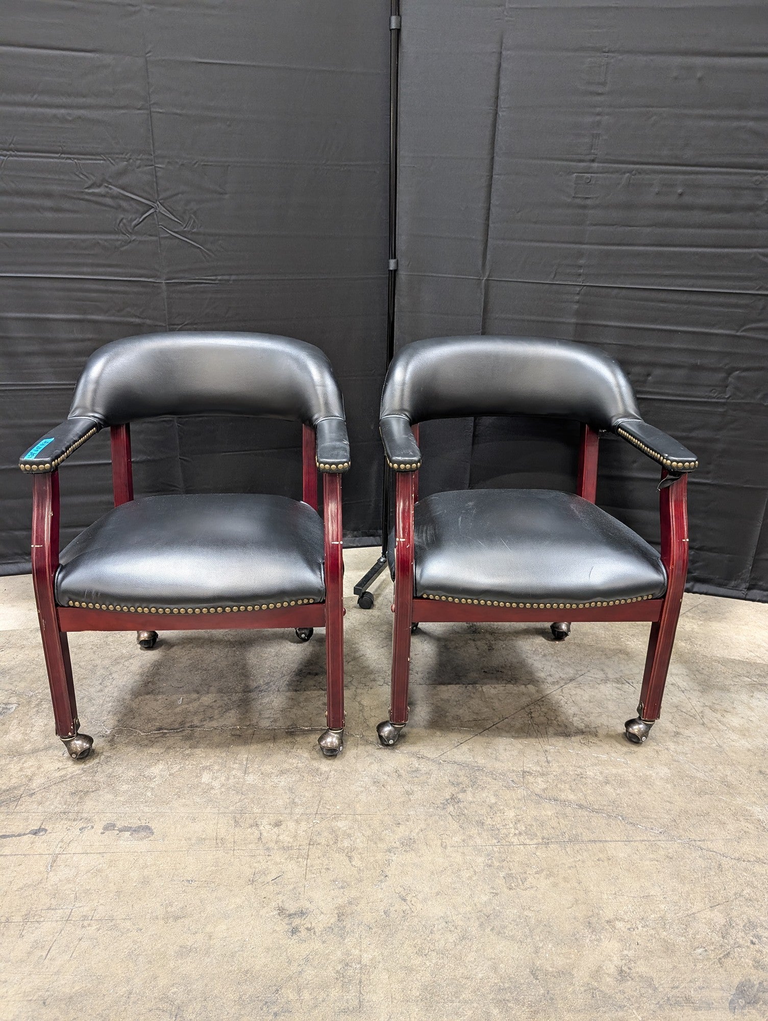 Pair of Traditional Black Upholstered Armchairs with Dark Wood Frames