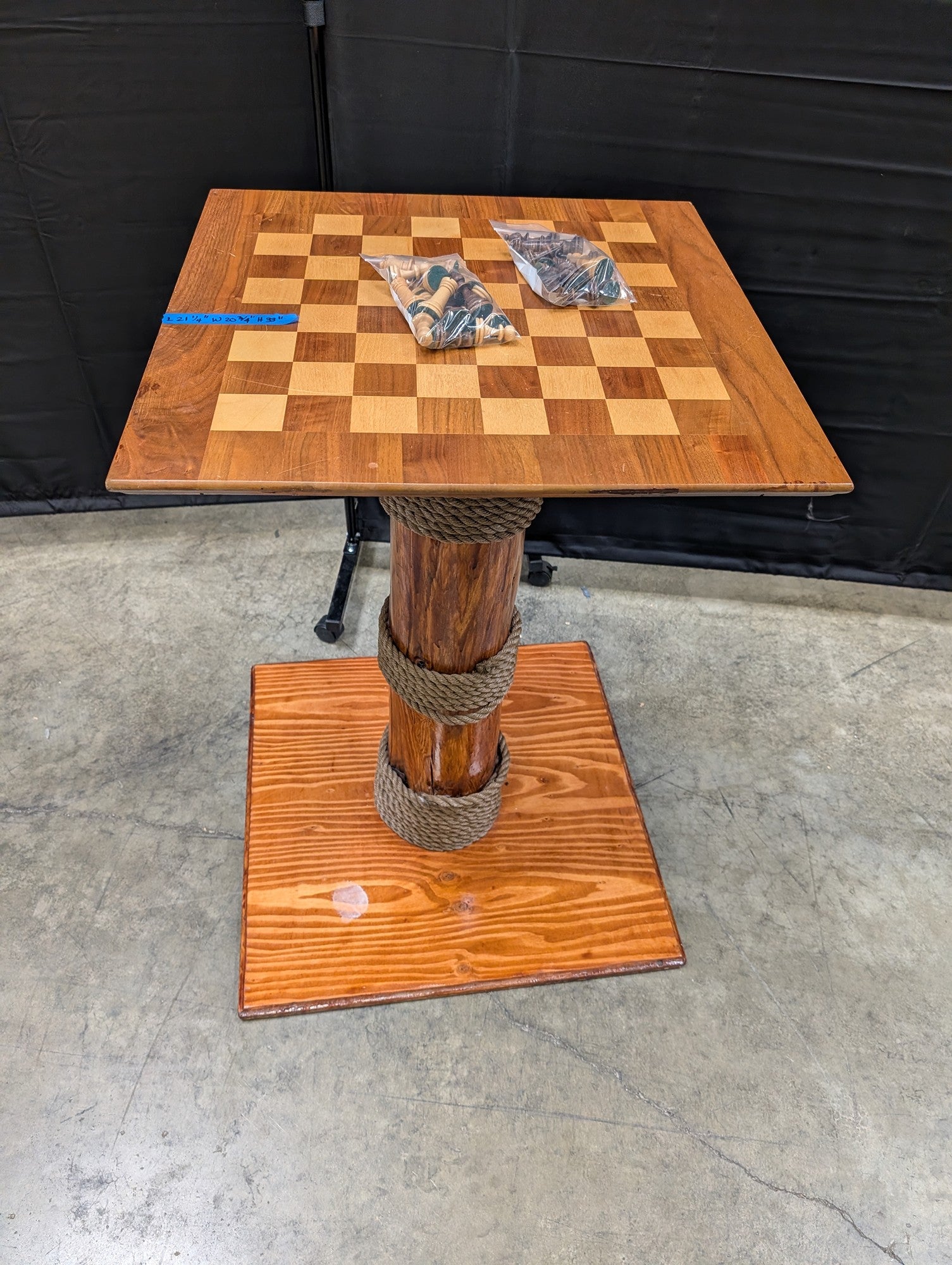 Rustic Wood Inlaid Chess Game Table with Rope Pedestal Base